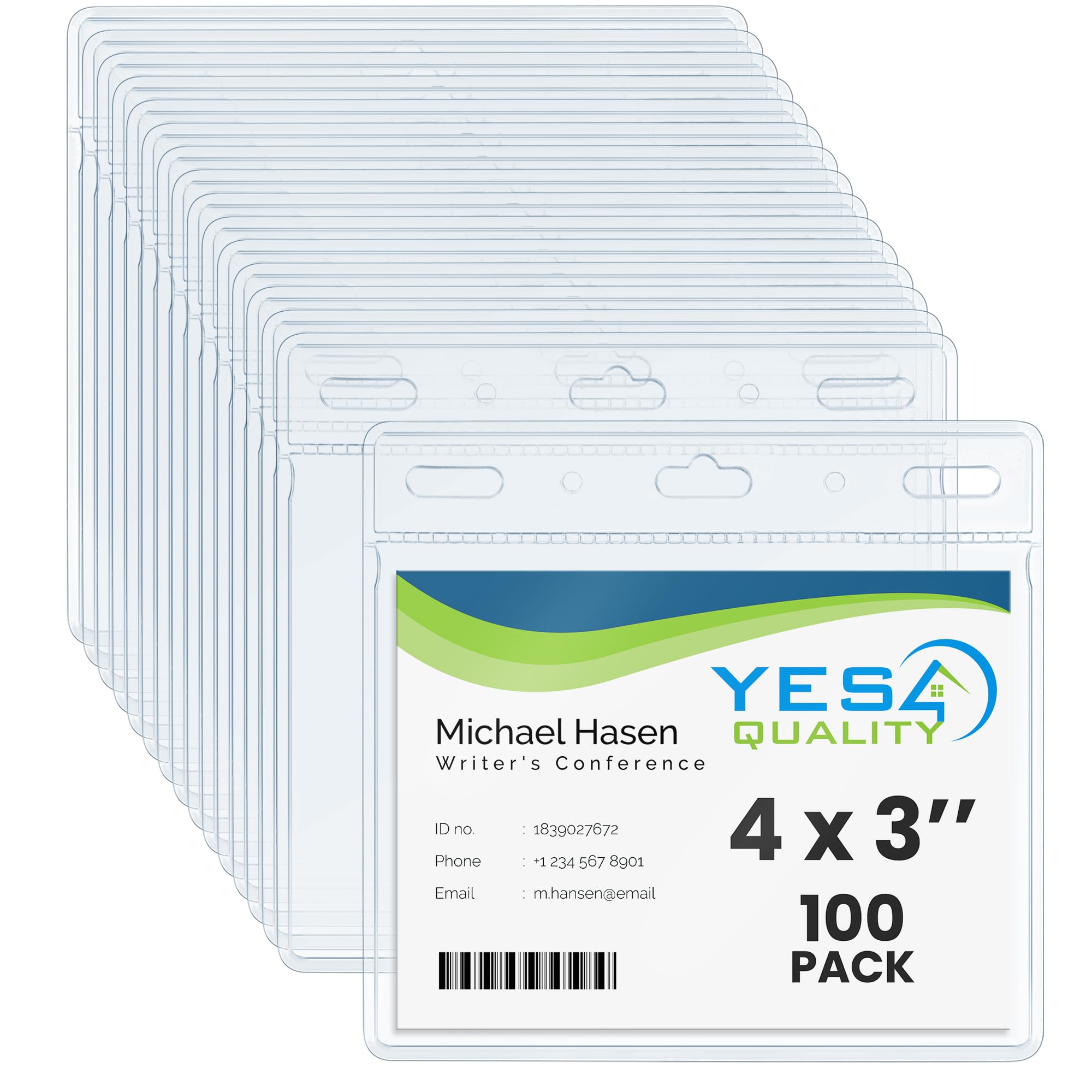 Yes4Quality - Horizontal Card Holder - 4x3 Inch, 100 Pack - Clear Name Badge Protector for ID Tags - Heavy-Duty No Zipper Nametag Badges - Quick Load
