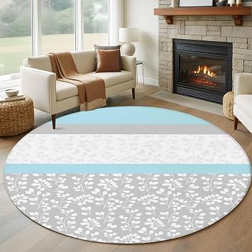 Sky Blue Grey Large Round Rug 8 FT, Non Slip Living Room Area Carpet, Chic Garden Floral Stripe Embroidery Design Washable Soft Circle Rug Non-Shedding Floor Carpet for Bedroom Office Dining Room
