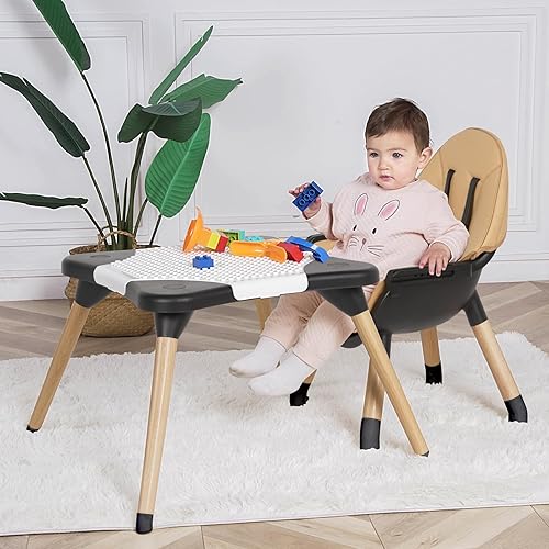 Miniatura 6 de Silla alta 6 en 1 para bebés y niños pequeños, silla alta de madera convertible, juego de mesa y silla, silla de alimentación para bebé, arnés Negro