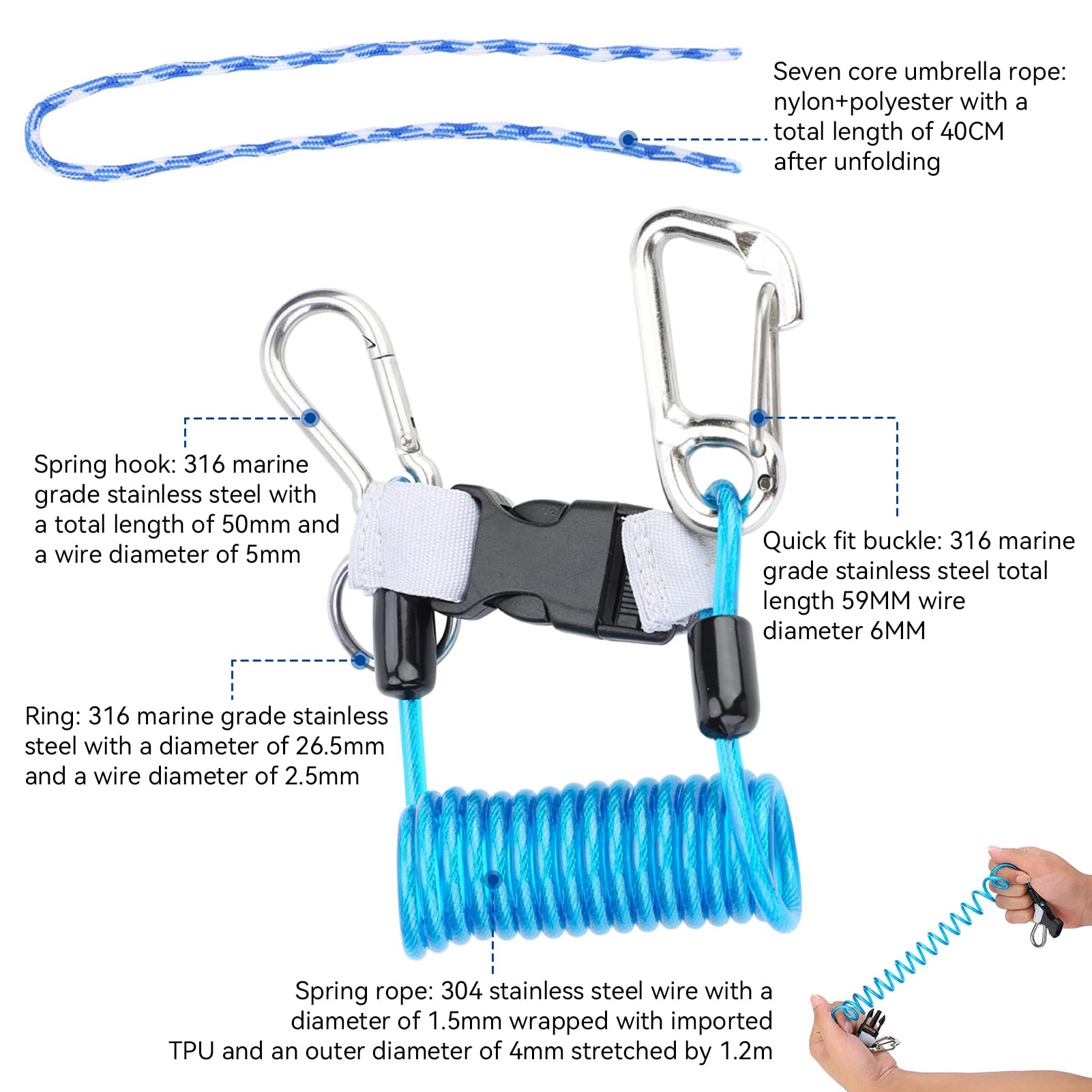 Cordino da Immersione, Clip Fibbia Sgancio Rapido Cordino Spirale Corda Anti-Caduta a Molla Strumento per Immersioni Subacquee per Fotocamere Subacquee, Torcia Subacquea
