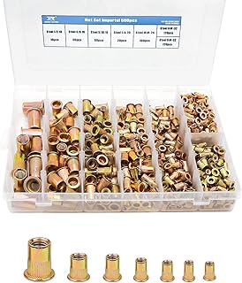 500pcs Rivet Nut Kit, SAE UNC Rivet Nuts Assortment 6#-32, 8#-32, 10#-24, 1/4"-20, 5/16"-18, 3/8"-16, 1/2"-13, Zinc Plated Finish, Carbon Steel Flat Head Insert Threaded Rivet Nut Tool Kit with Case