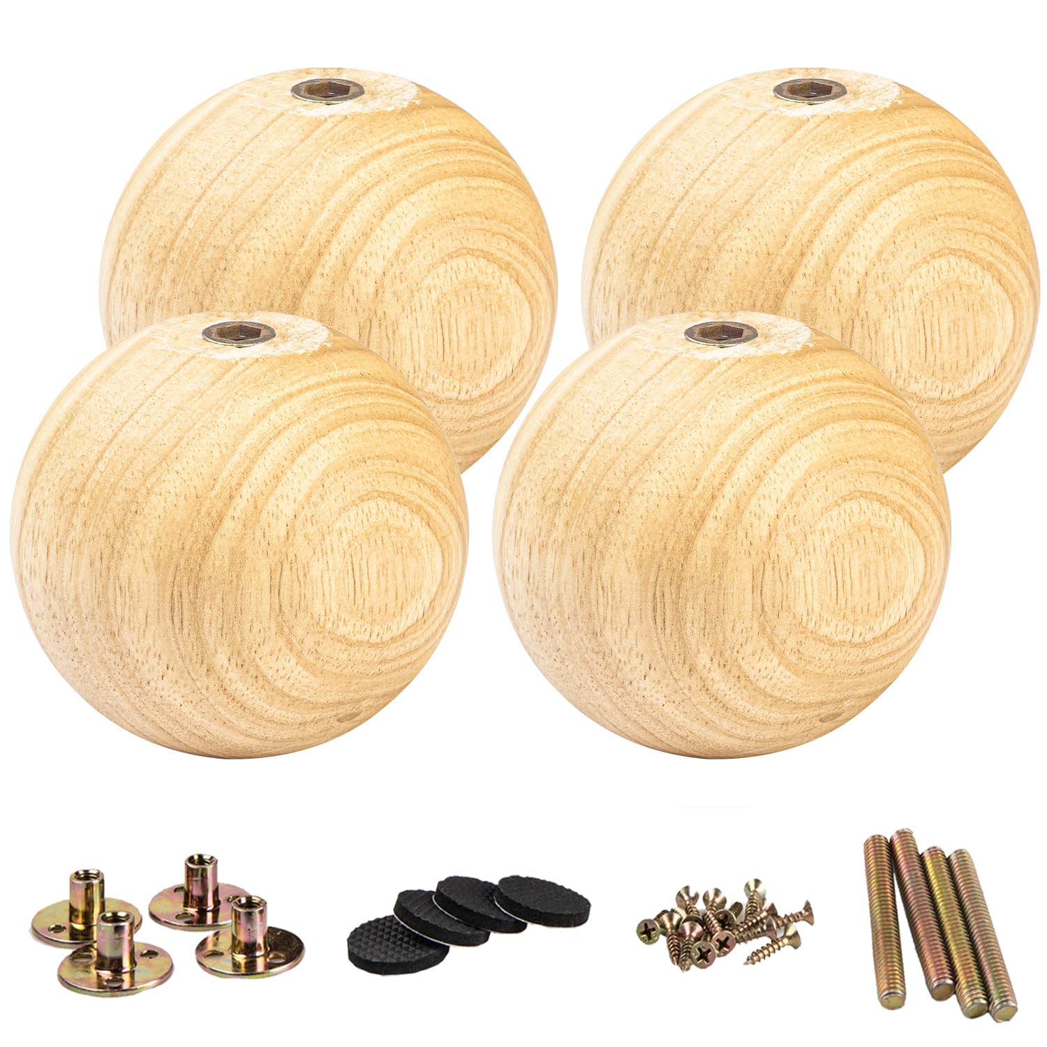 La Vane 4 inch Solid Wood Round Ball Furniture Bed Legs, Set of 4 Minimalist Modern Wooden Replacement Bun Feet Varnish with M8 Bolt & Mounting Plate for Sofa Dresser Coffee Table Cabinet Cupboard