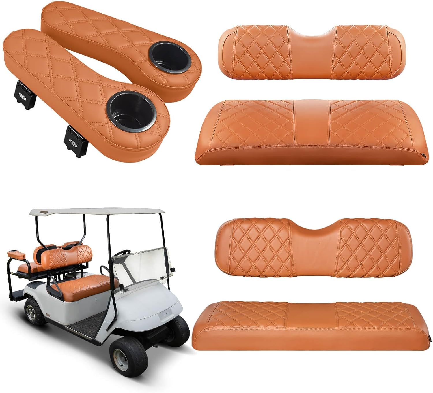 NOKINS Golf Cart Seat Covers for EZGO TXT 1994-2013/EZGO RXV, Vinyl Front&Rear Seat Cover with Flip-Up Armrests kit, with Cup Holder, for 1" Square Tube (All Brown) Fit EZGO TXT 1994-2013/EZGO RXV All Brown