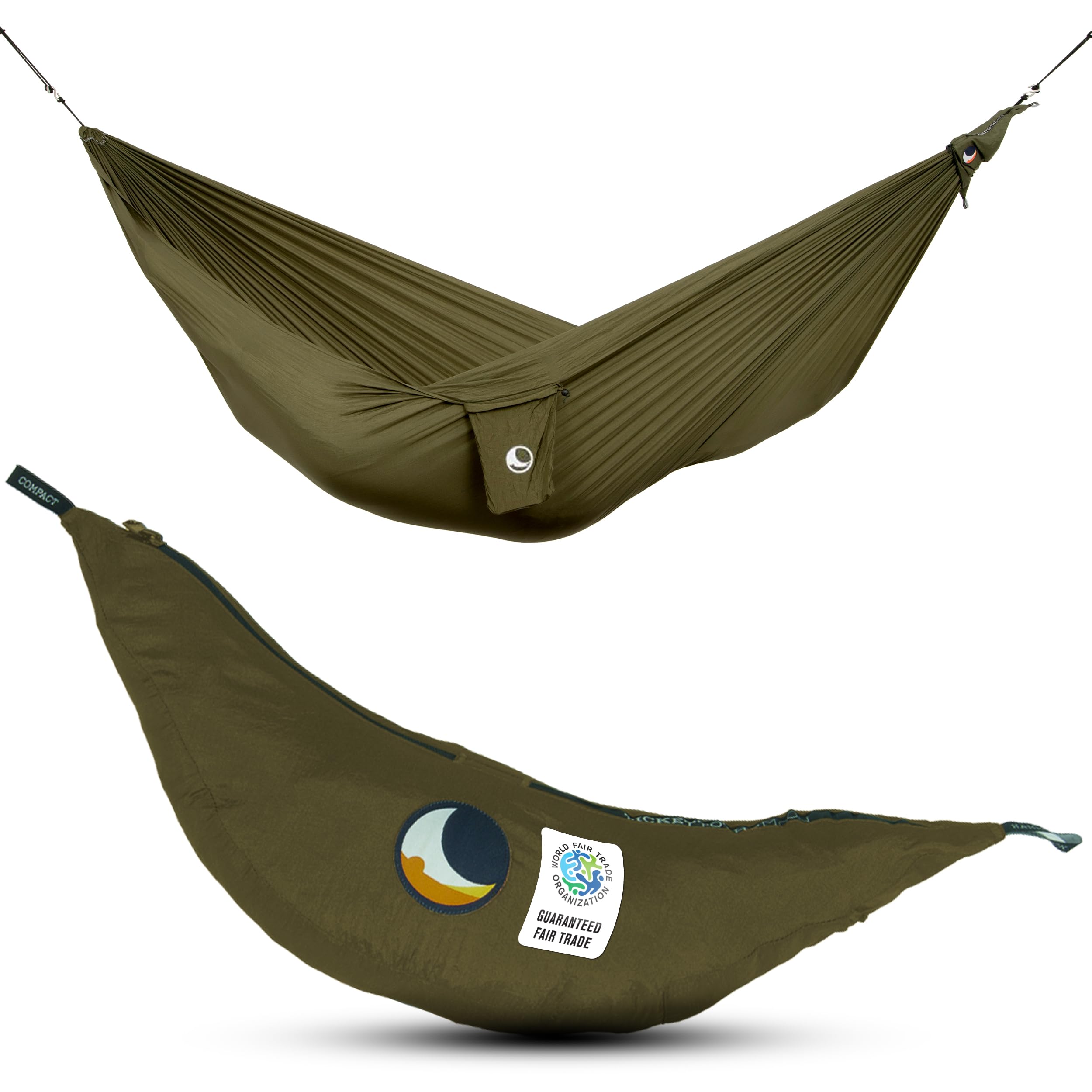 Ticket to the Moon Fair Trade & Artisanal Compact-Hamac Vert Militaire pour Voyages, Camping, Jardin, Maison, 3.2 * 1.55m, 480g, Durable Nylon en Soie De Parachute, Installation < 1min
