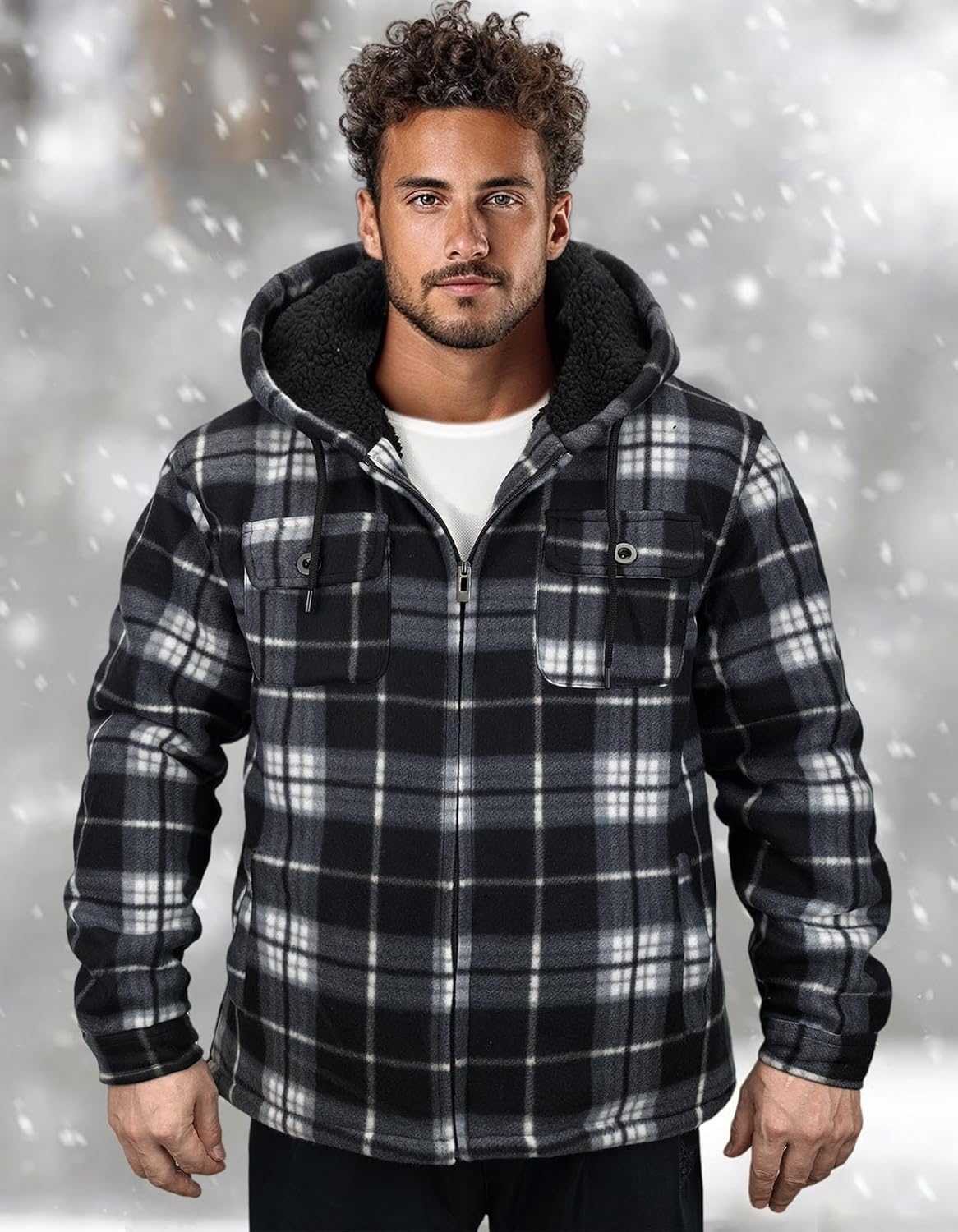 Plaid Flannel Jackets for Men Sherpa Fleece Lined Zip Up Hoodies Thick Winter Heavy Warm Coats with Hood - Image 5