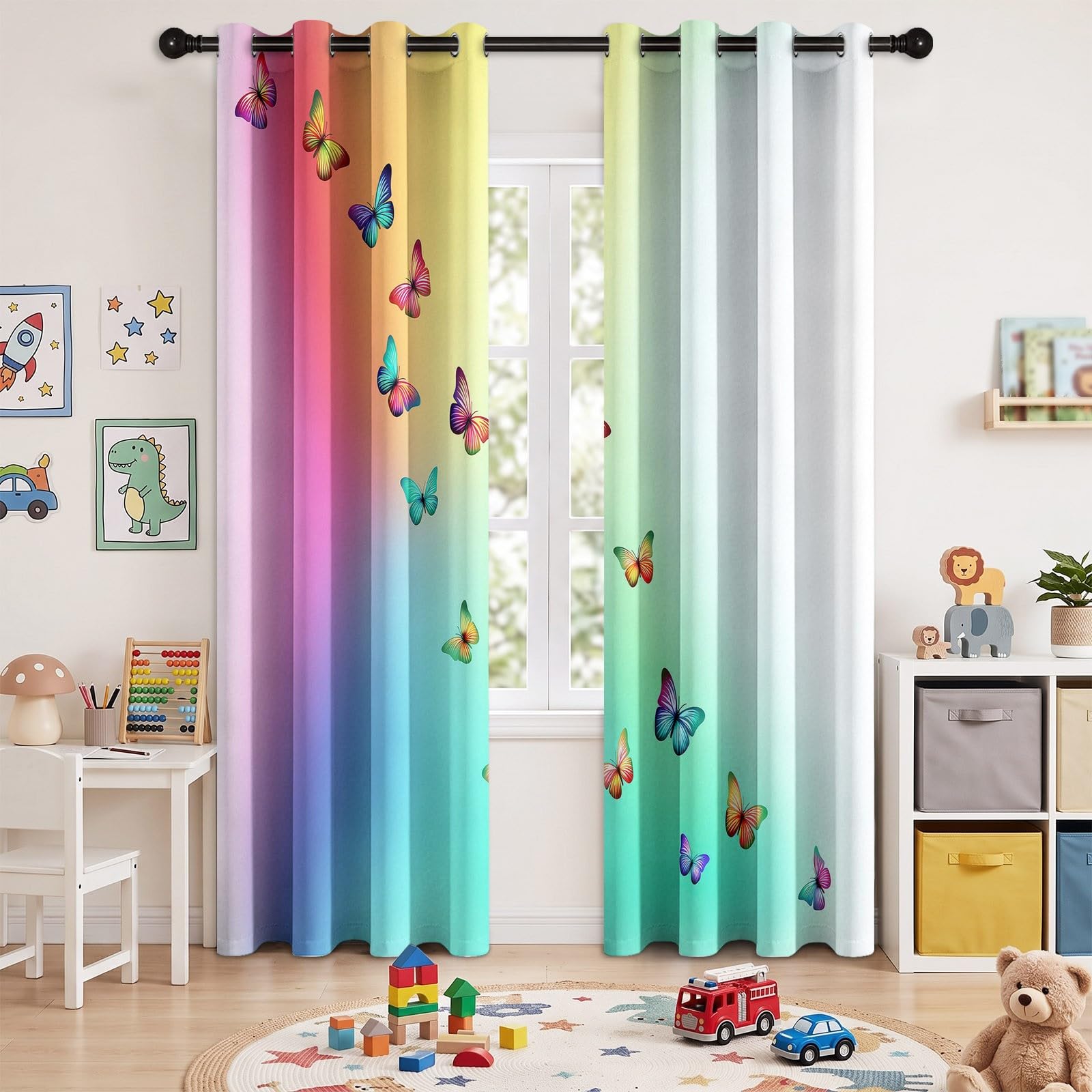 Générique Rideau Dégradé Arc en Ciel, 100% Occultant Thermique Oeillets Lot de 2 140Lx180H cm, Rideaux Aquarelle Papillon Chambre Fille Occultant et Réduction du Bruit Thermique pour Salon et Chambre