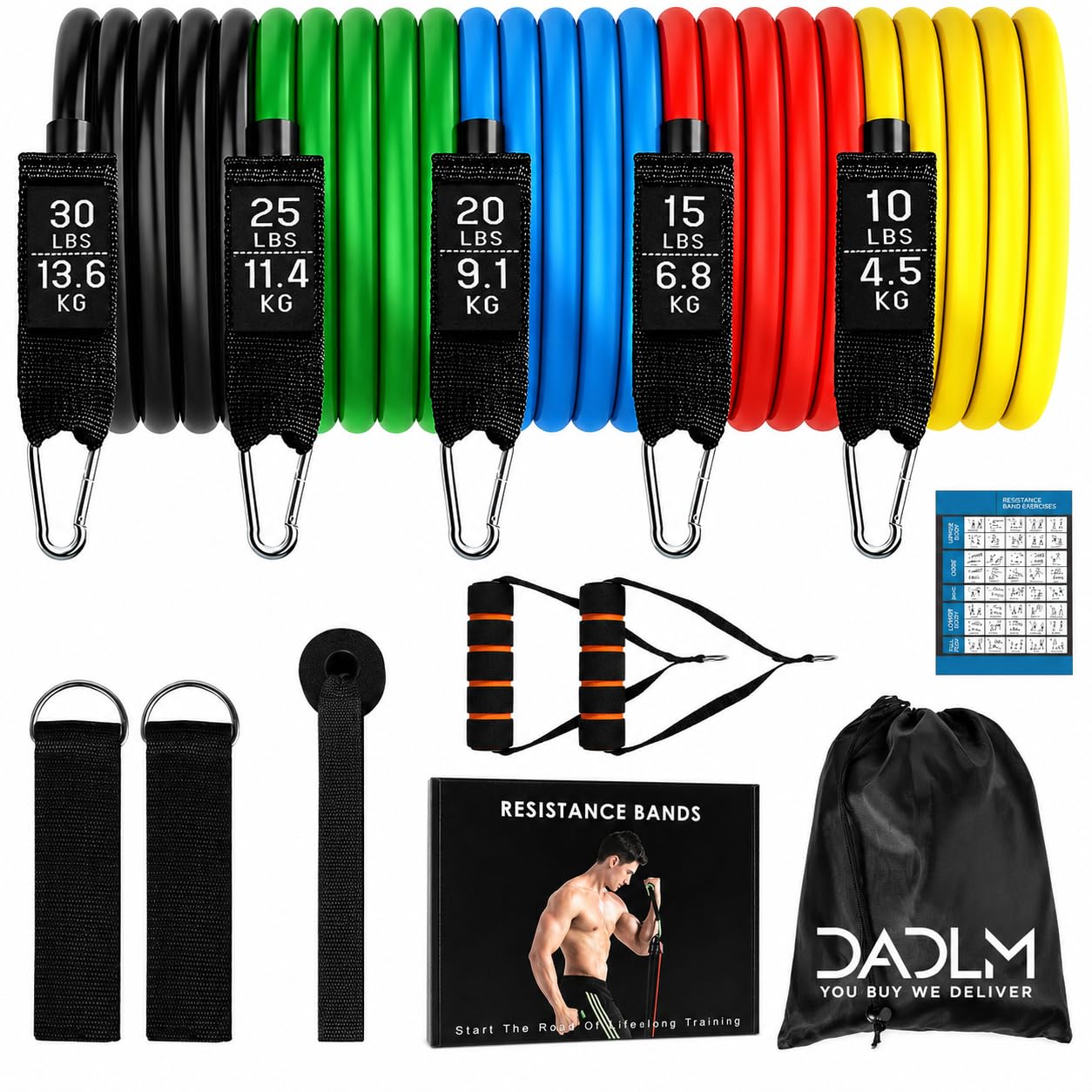 DADLM® Resistance Bands Set for Exercise, Stretching and Workout Toning Tube Kit with Foam Handles, Door Anchor, Ankle Strap and Carrying Bag Set of 11 in 1 for Men,Women-image-36