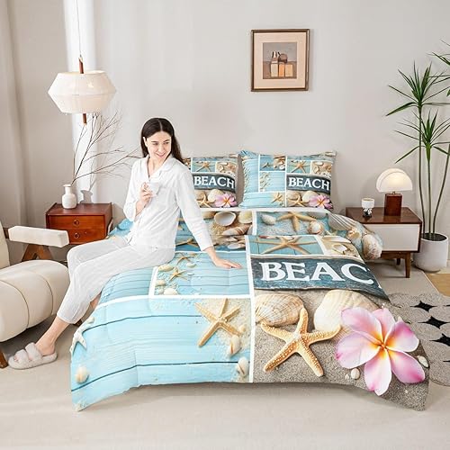 Miniatura 2 de Erosebridal Edredón de playa Hawaii, juego de ropa de cama y colecciones de conchas marinas con estrellas de mar, flores de cerezo rosa, edredón de