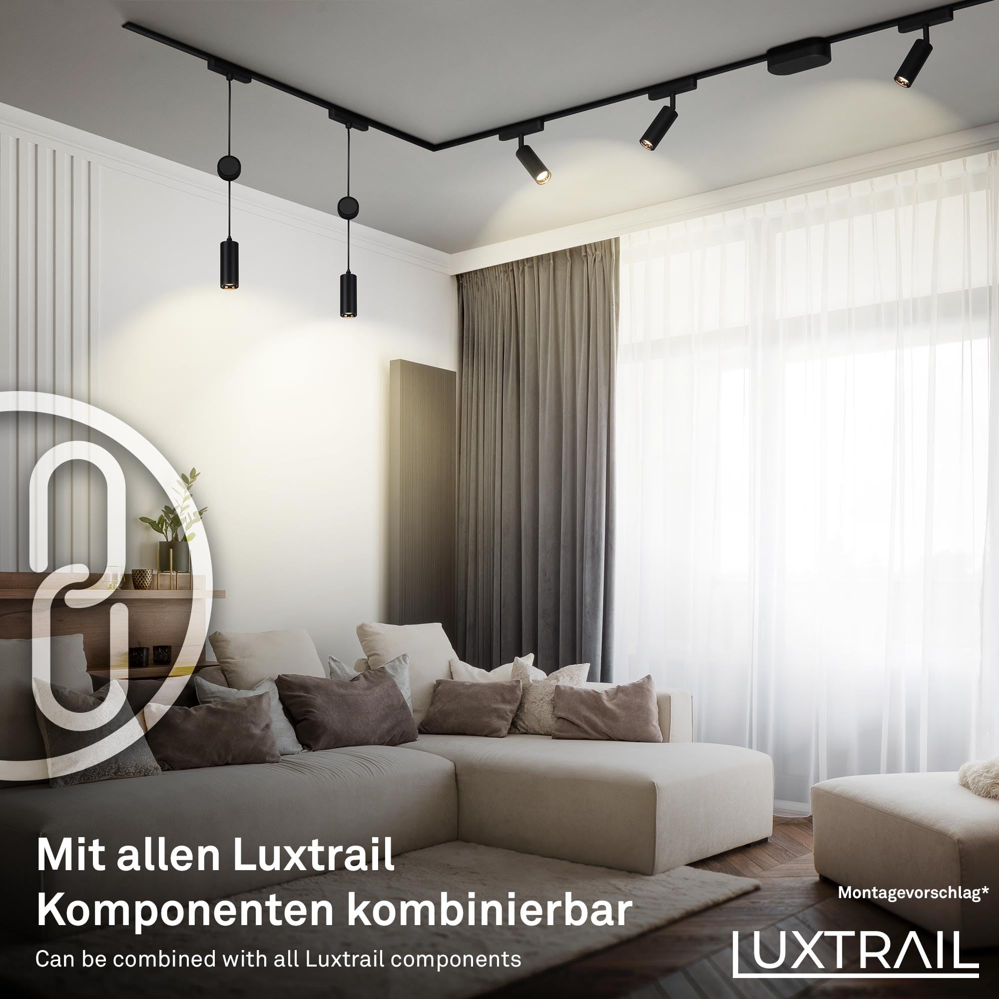 BRILONER - Système de rail Luxtrail set complet, 4x spots LED, 2x suspensions LED réglables en hauteur, forme L, lampes, système de rail lumineux pour plafond, rail de spots, plafonnier, 3m, noir