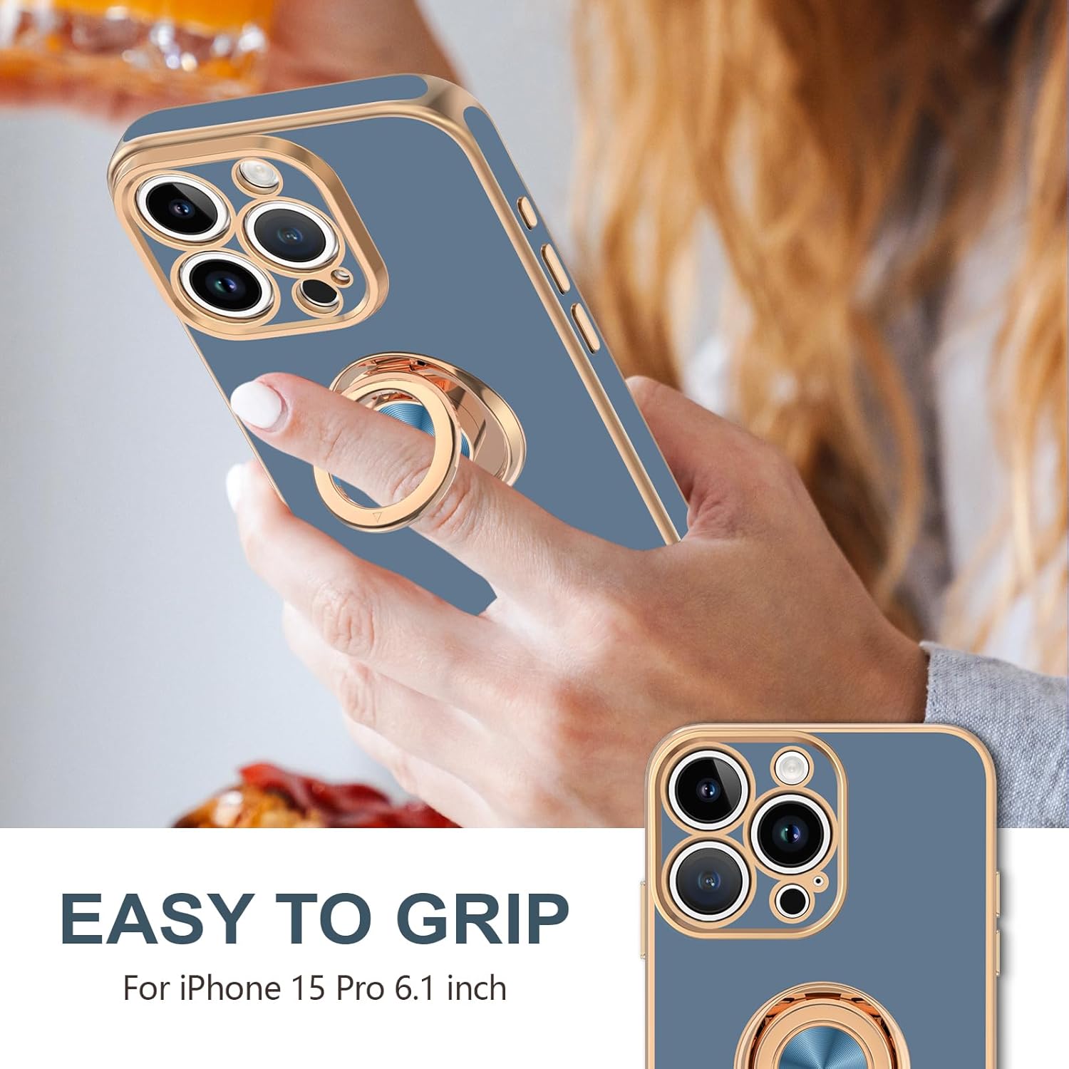 Hython for iPhone 15 Pro Case with Ring Stand, 360° Rotatable Ring Holder Magnetic Kickstand, Plating Rose Gold Edge Soft Cover Luxury Protective Phone Case for iPhone 15 Pro 6.1"​, Blue Gray - Image 2