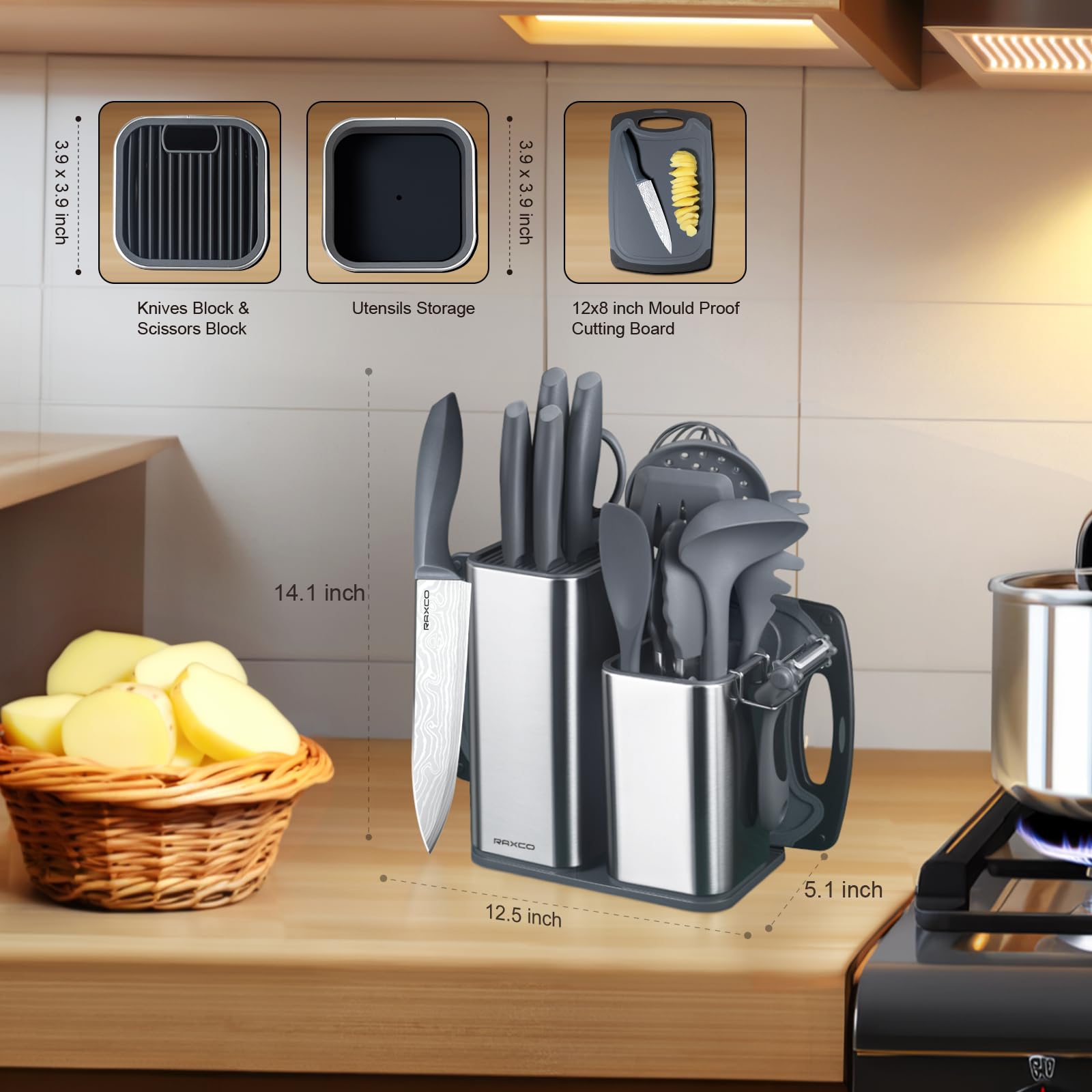 RAXCO Set di coltelli da cucina con blocco, 18 pezzi di utensili da cucina con 5 coltelli e 7 spatole in silicone (Grigio)