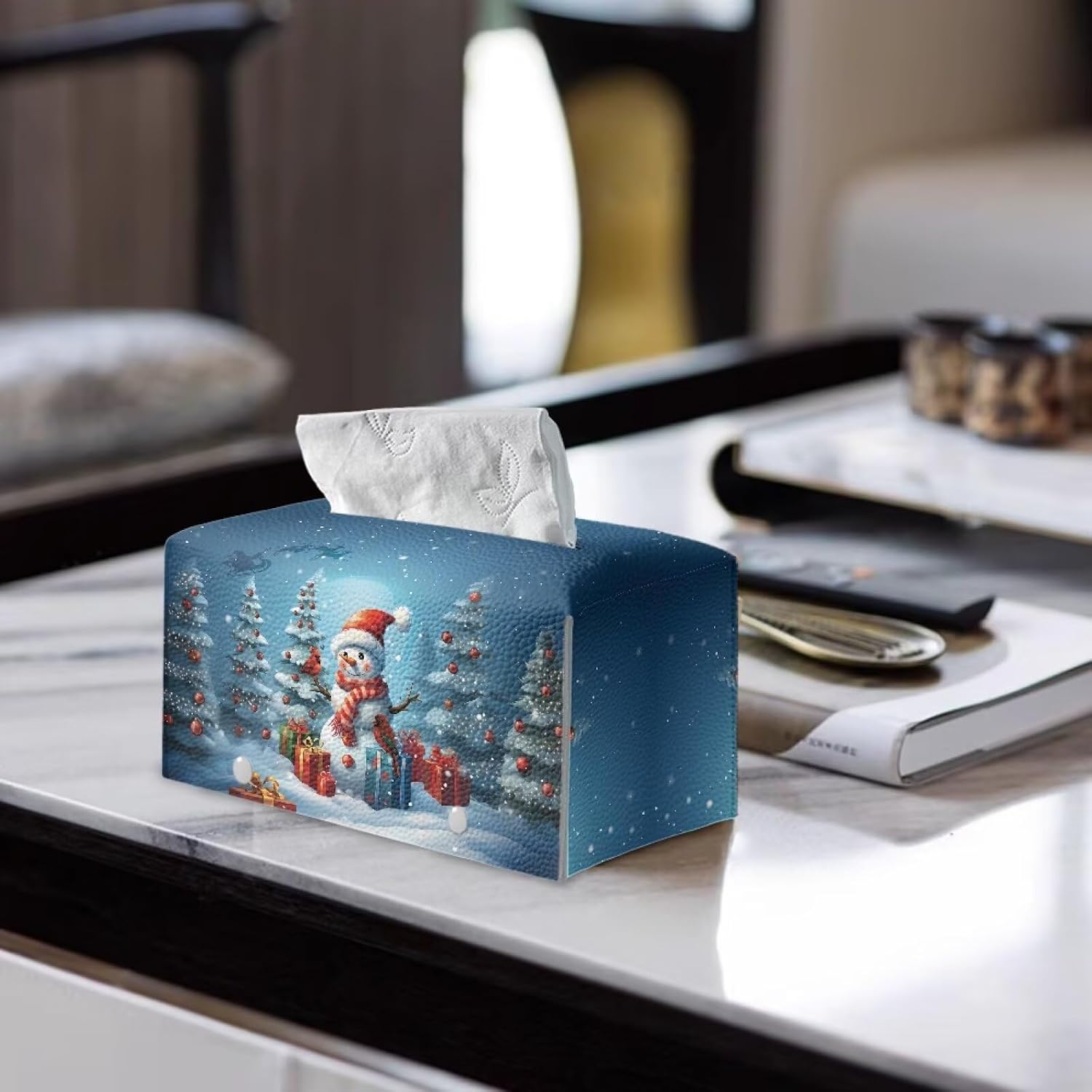 Rectangle Tissue Box Cover Snowman Forest Winter Decor Funny Cute Rectangular Holder Long Faux Leather Tissue Box Cover Festive Home Decor image 2