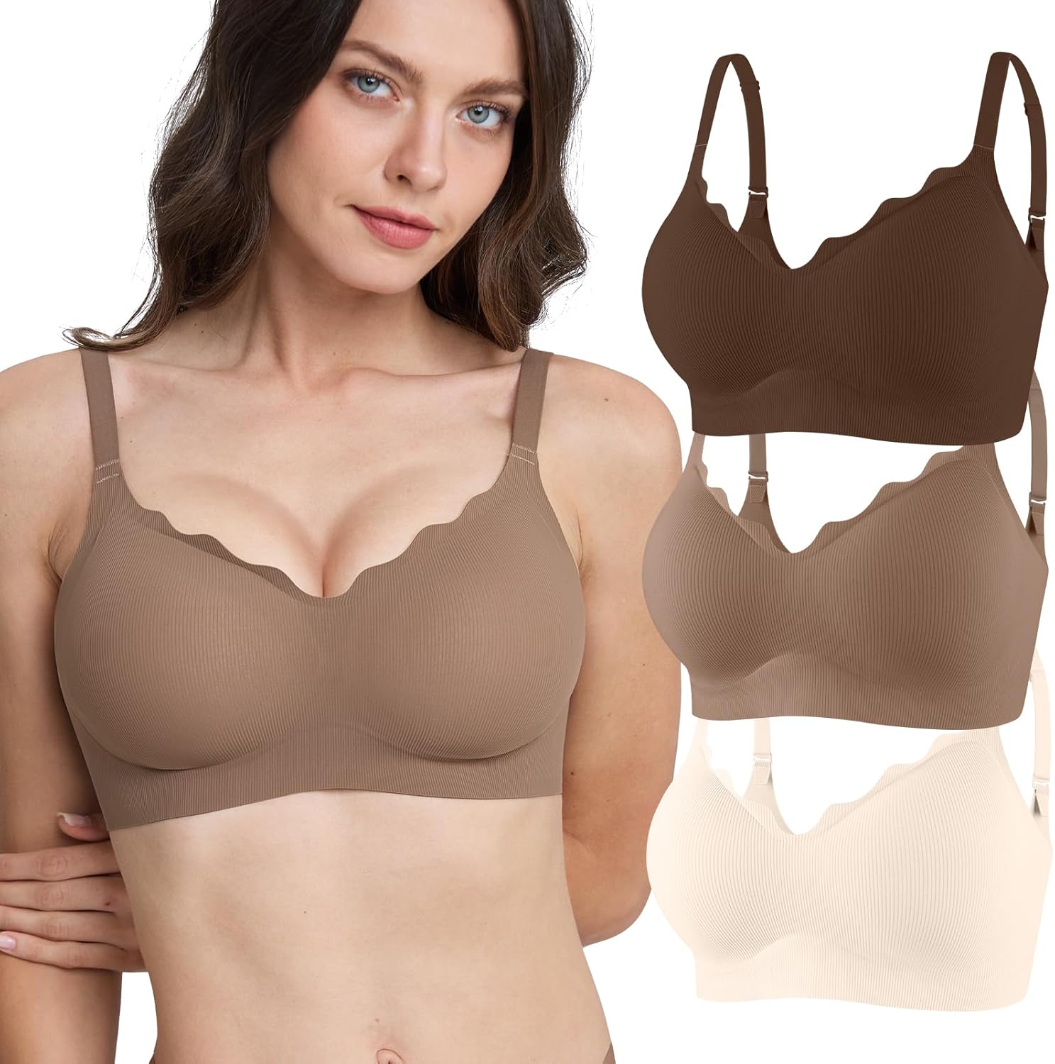 Womens Seamless T-Shirt Bras 3 Pack Wireless Comfy Jelly Bra, Full Coverage Bralette No Show Under Clothes