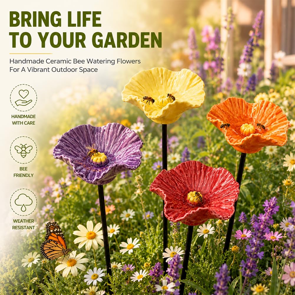 Gartenort Handgemachte BienenblüTen – Wetterfeste Keramik, BienenträNke Keramik Blume - füR den Garten, Lockt Bienen an, Wetterfeste KeramikblüTen als Dekoration und Bienenretter (4 Blüten)