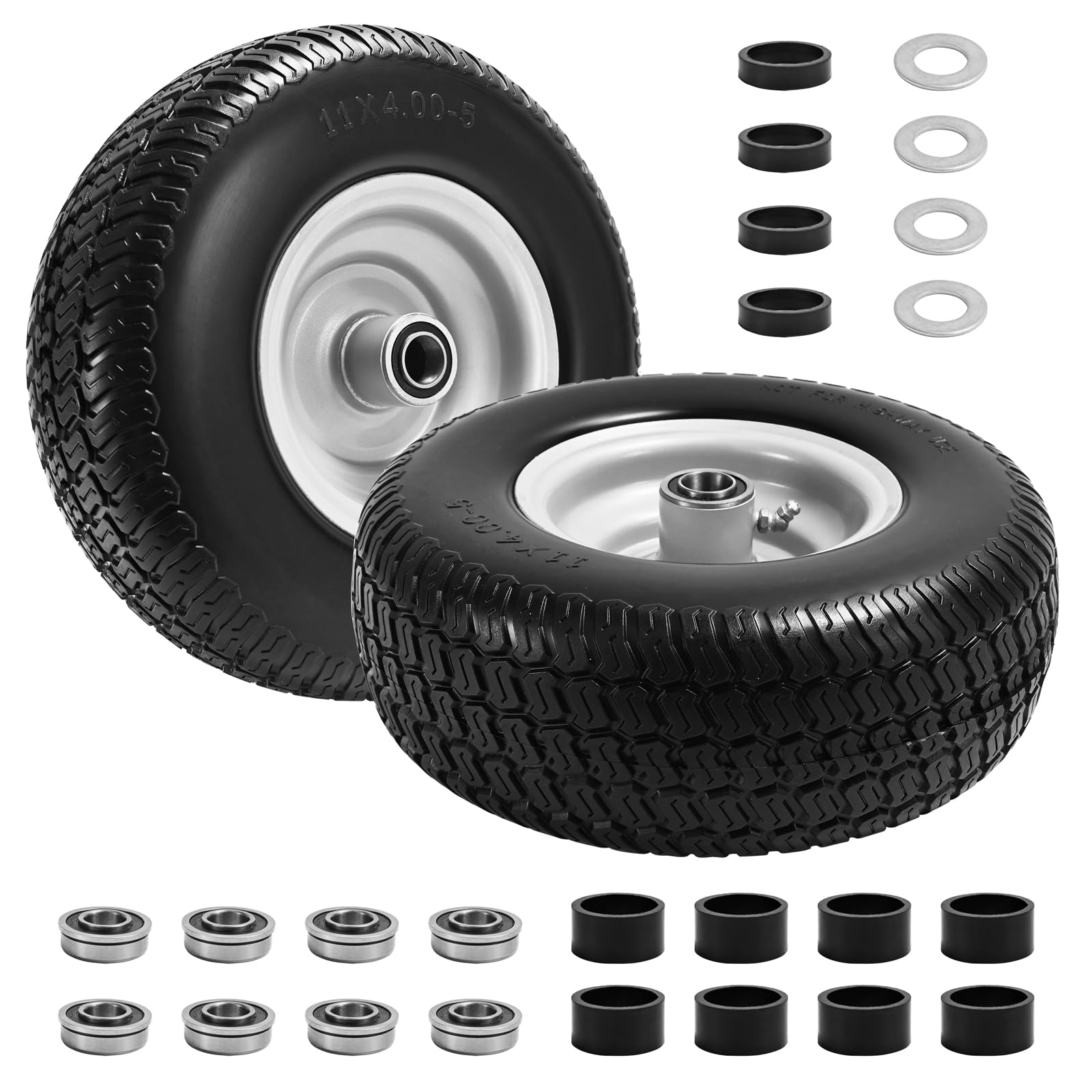 Paquete de 2 neumáticos y ruedas para cortacésped de 11 x 4.00-5, bujes centrados de 3.4 pulgadas, bujes de 3/4 pulgadas y 5/8 pulgadas y 1/2 pulgadas, repuesto frontal de giro cero