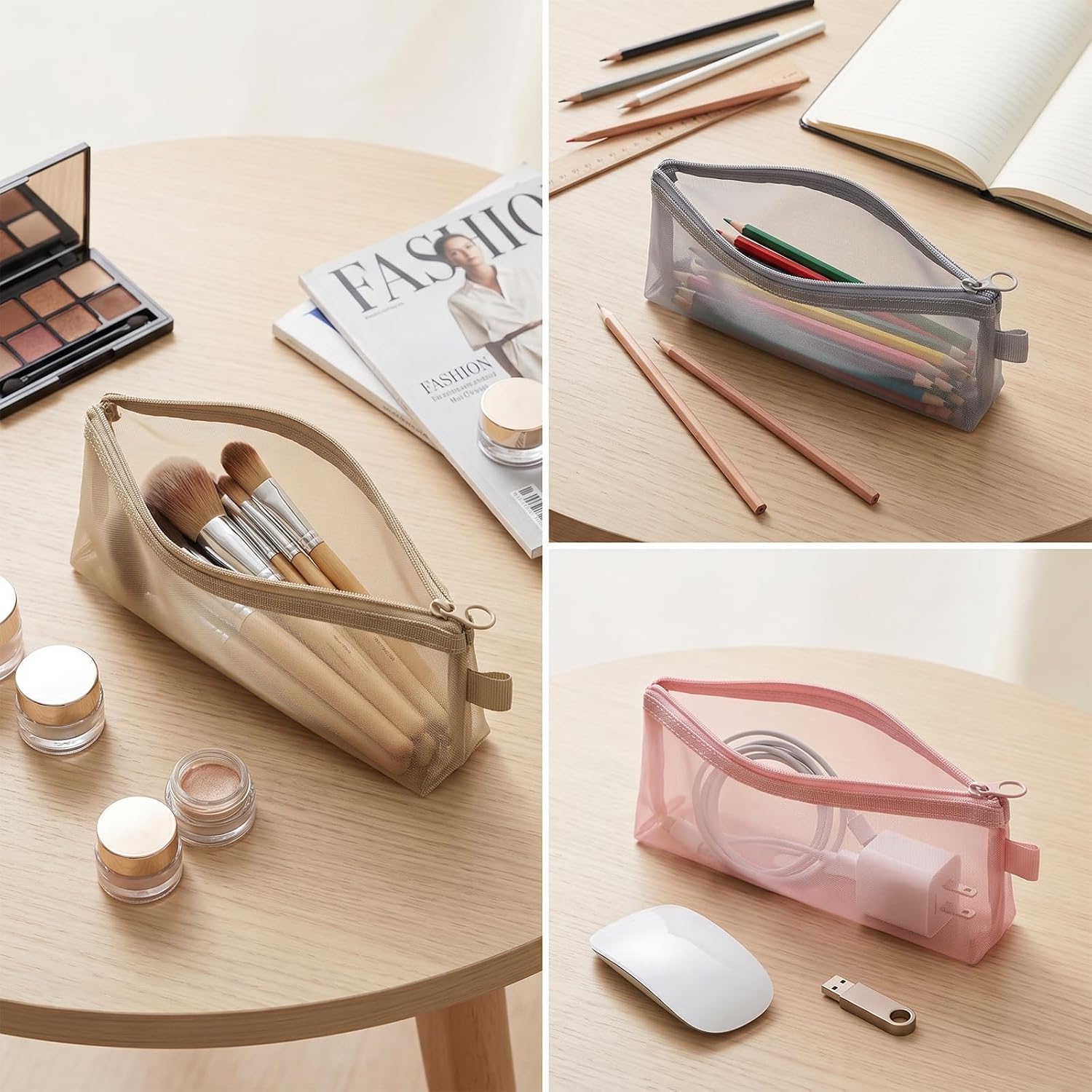 3Pcs Mesh Makeup Brush Bag Travel Cosmetic Bag Portable Clear Pouch image 5