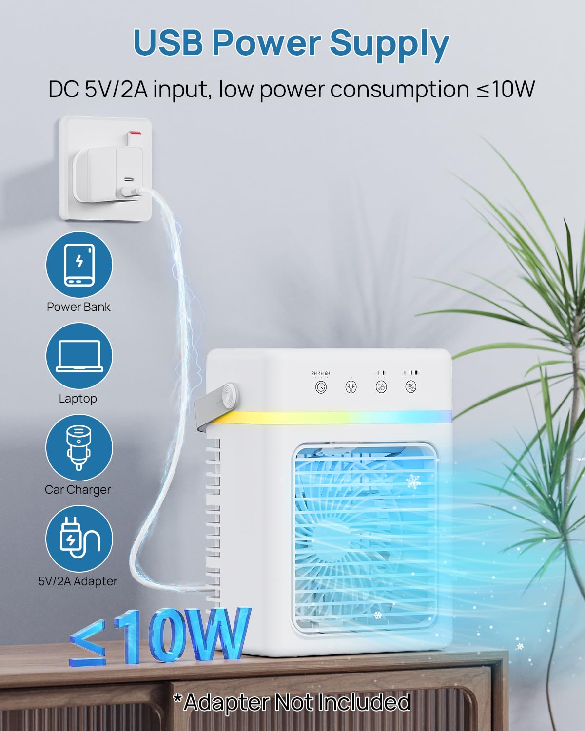 Climatiseur Mobile avec Réservoir 900ML, Refroidisseur d'Air 3 Niveaux & 2 Brumisation, Mini Climatiseur Portable, Minuterie Programmable 6H, Éclairage Coloré, Alimentation USB, pour Petits Espaces