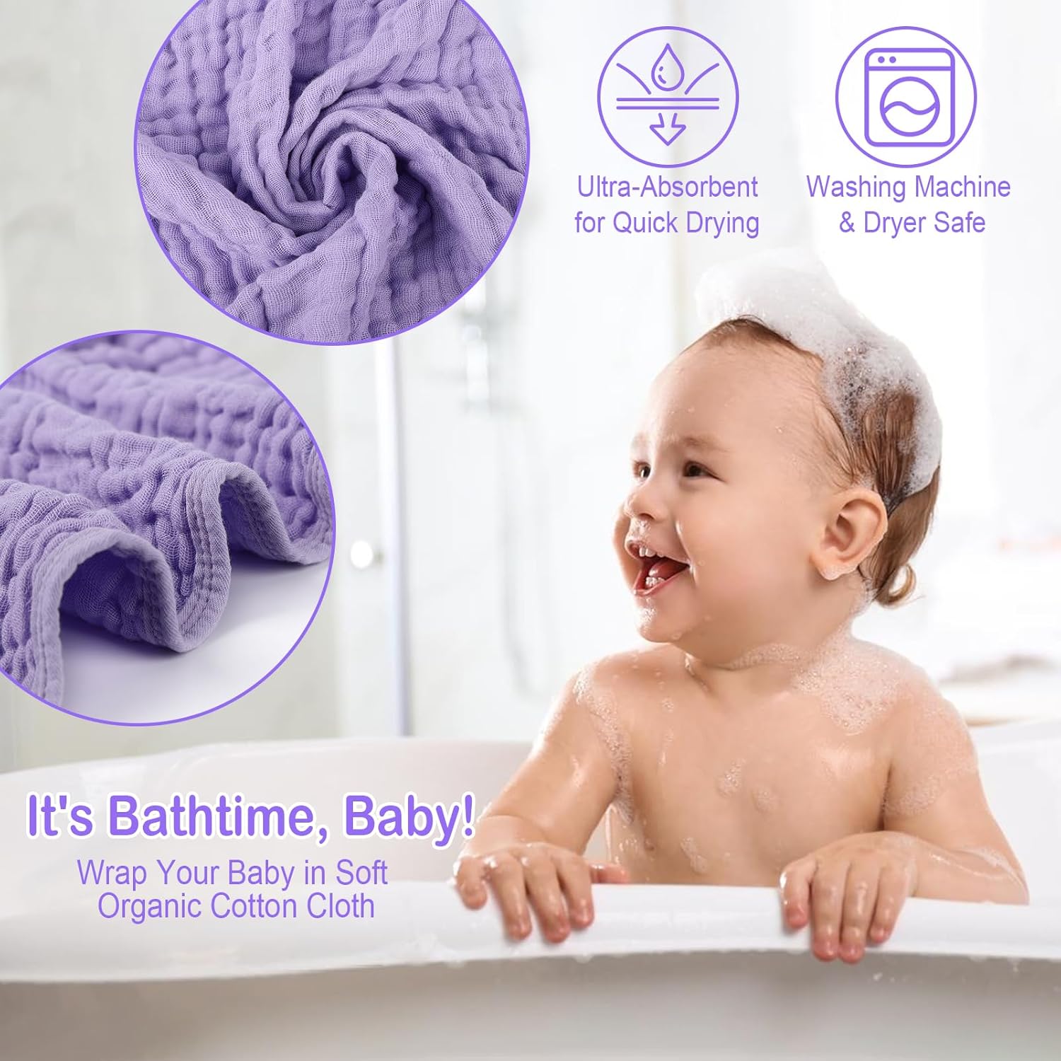 Synrroe 2 Pack Hooded Muslin Cotton Baby Towels, 32x32Inch, Pink & Purple - Image 6