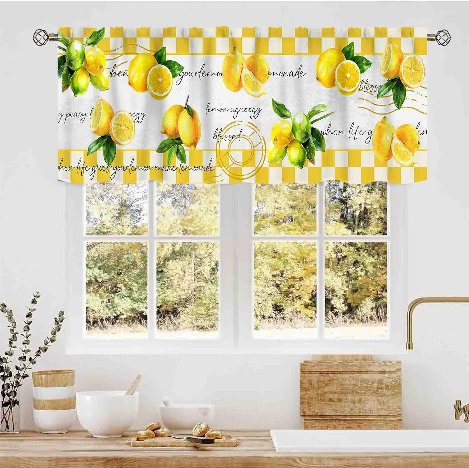 Yellow Lemon Kitchen Curtains, Farmhouse Vintage Retro Summer Fruits Blue Italy Tile Burlap Rod Pocket Small Window Valance Curtains for Cafe Living Room Bedroom Cabinet Bathroom, 54"x18" Inch