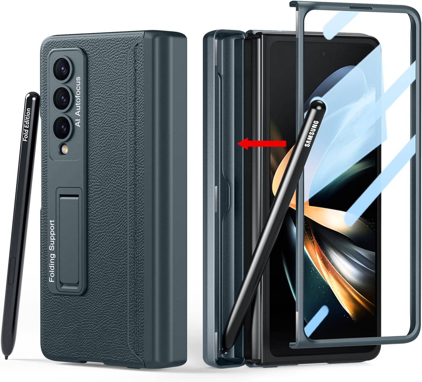 Compatible with Samsung Galaxy Z Fold 4 Case, Built in Hidden S Pen Holder to Avoid Pen Lost, Leather on Back, Screen Protector, Hinge Protection, Wireless Charging Cover 5G 2022-Green