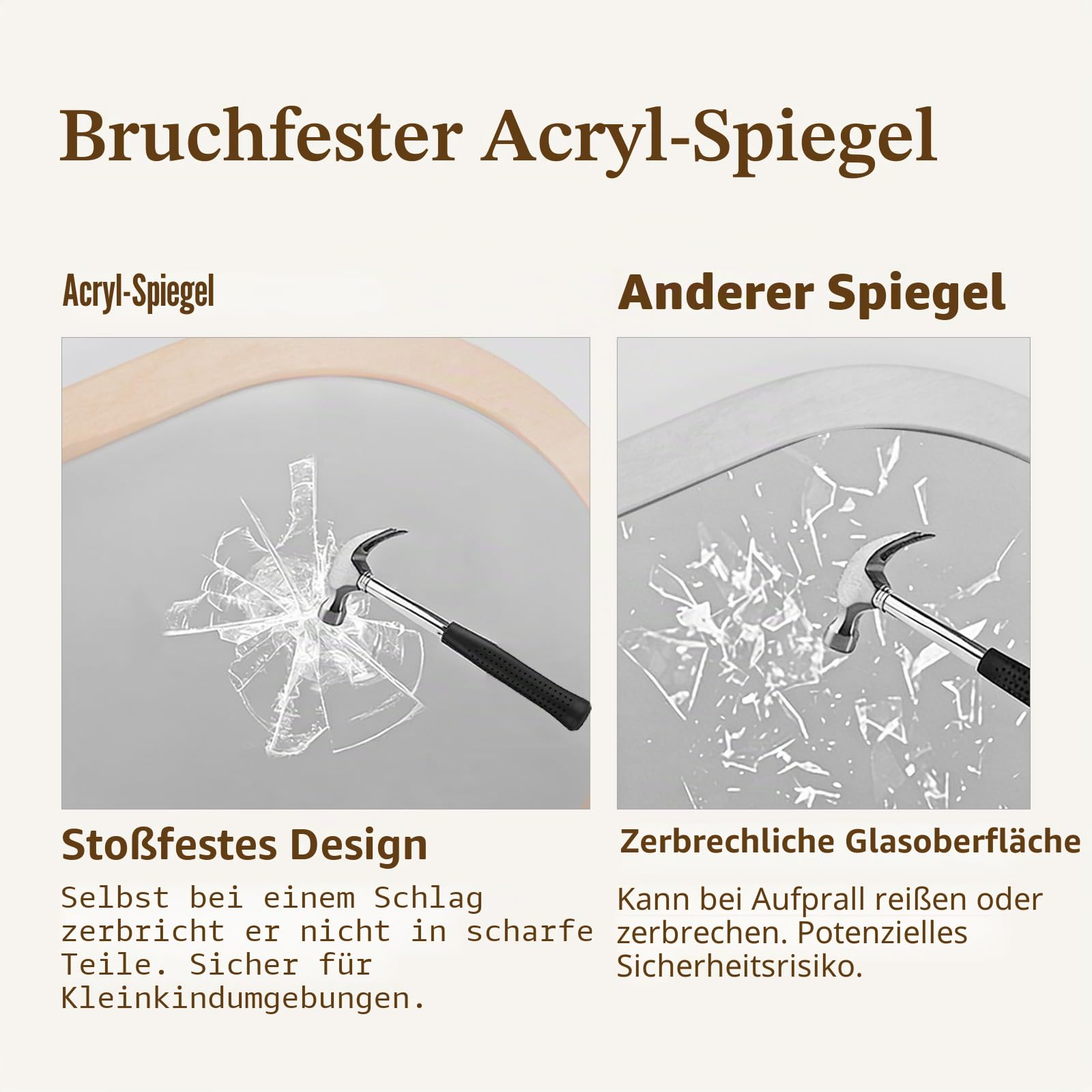 Montessori Spiegel aus Holz und Acryl für Kleinkinder, Wandmontage, Spiegel mit Haken & Regal, bruchsicher, Naturholz, einfache Montage, Möbel für Eingangsbereich, Kinderzimmer, Wohnzimmer, Flur