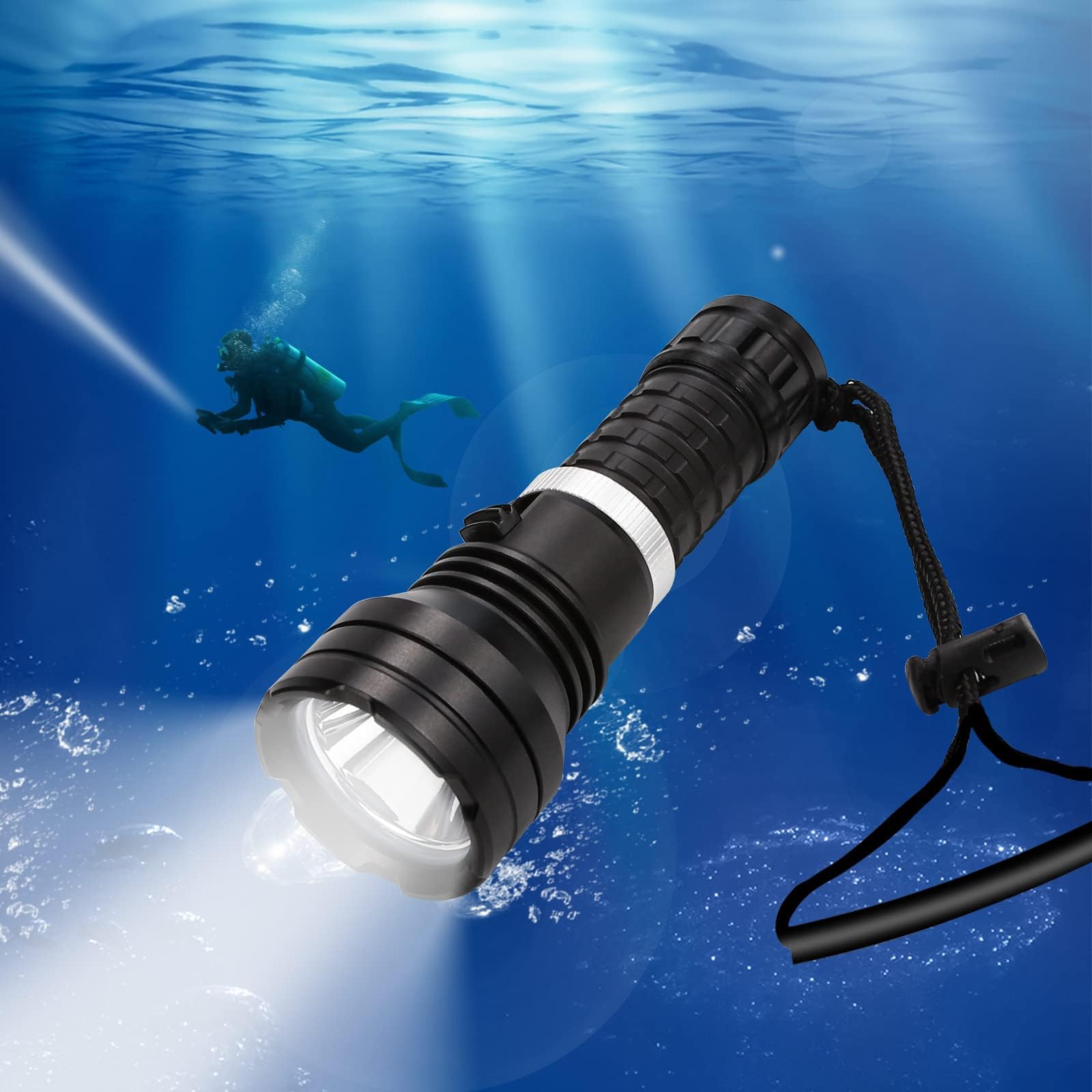 Azonee Diving Flashlight Dive Torch 2000 Lumen Waterproof Underwater LED Submarine Lights Holder with Rechargeable Battery,Charger for Under Water Deep Sea Cave at Night