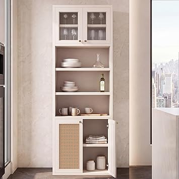 Tall Bathroom Storage Cabinet, 72"H x 24"W x 12"D Floor Standing Cabinet with Acrylic & Rattan Doors, MDF Accent Storage Unit with Anti-Tip Device for Bathroom Laundry Kitchen Living Room, White