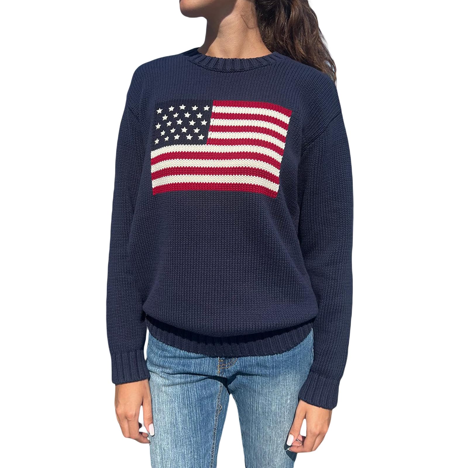 Women's American Flag Sweater Vintage Star Print Long Sleeve Crew Neck Sweater Top 4th of July Knit Top