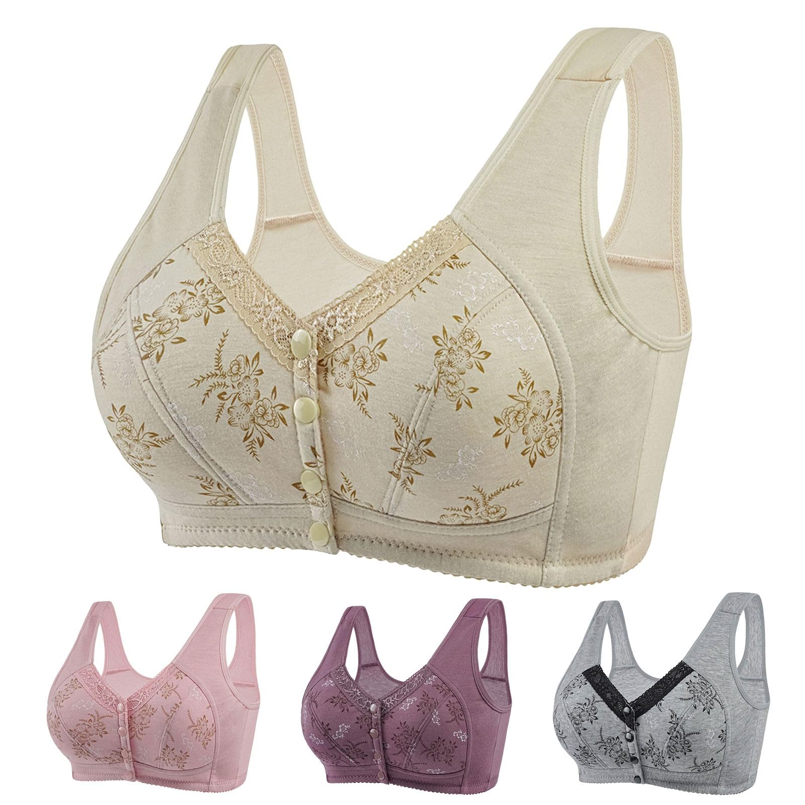 Daisy Bras for Older Women Front Closure Convenient Everyday Bras Mid Buttons Comfortable No Underwire Gathering Bras 5X-Large 5-beige