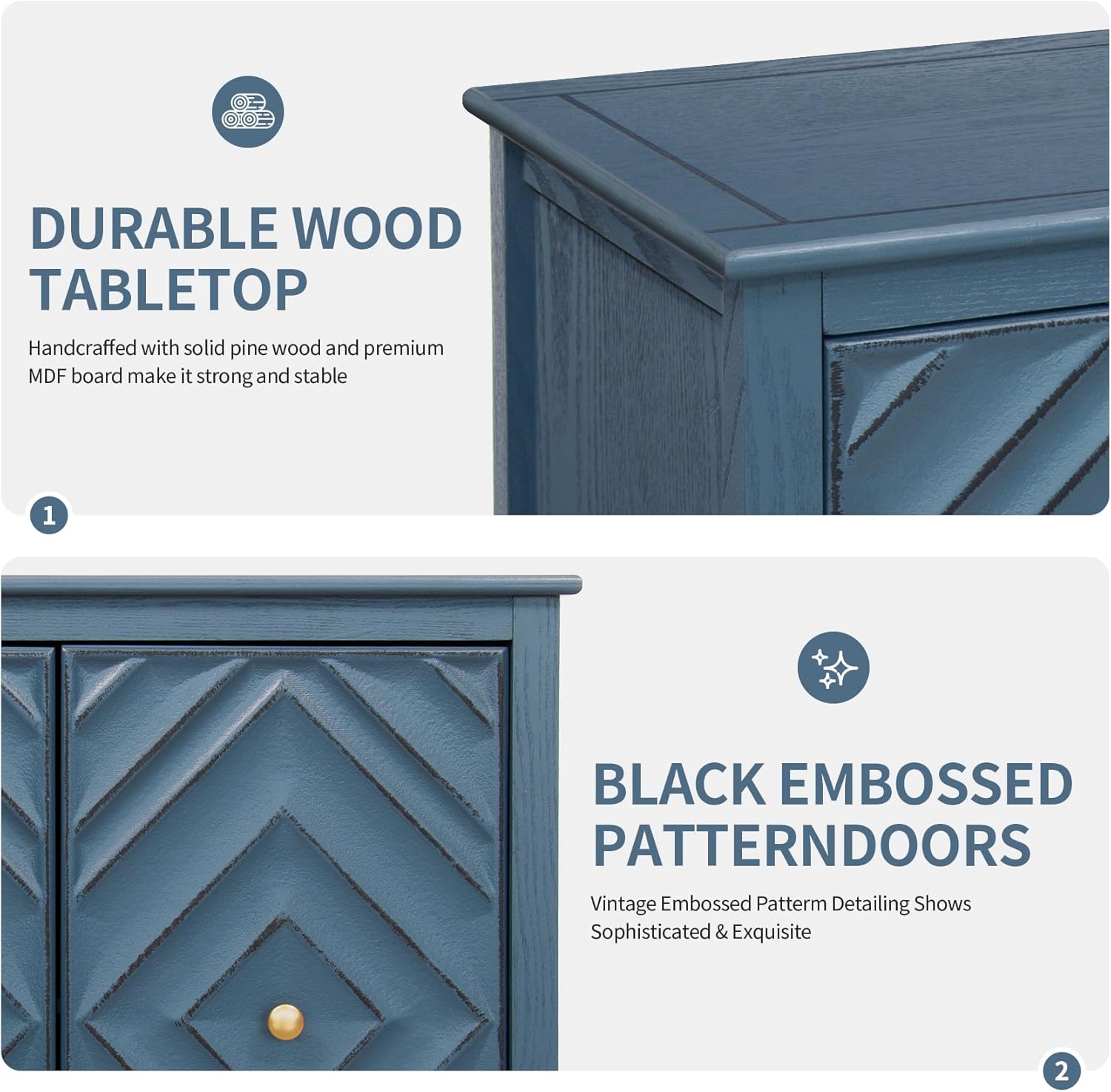 31.5" Geometric Embossed Blue Sideboard Buffet Cabinet,2 Door Accent Cabinet with Adjustable Shelves,Matte Vintage Finish Small Sideboard Buffet Cabinet for Living Room