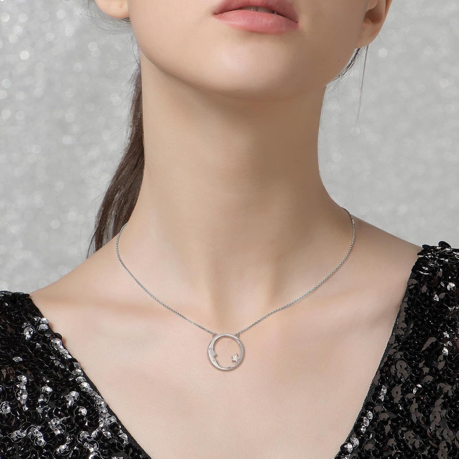 Sterling Silver Necklace for Women Moon and star Dangle Jewelry Necklace Gift - Image 3