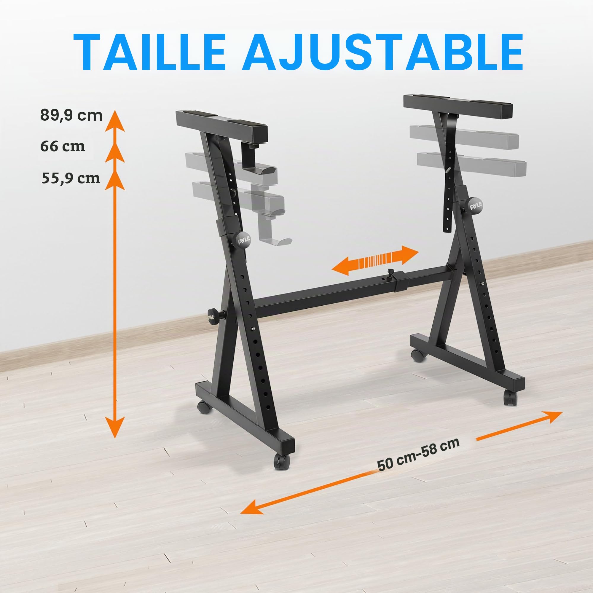 PYLE Support Clavier Universel , Forme de Z Robuste, Support Piano Portable avec Hauteur et Largeur Réglables, Roulettes Verrouillables (Noir)