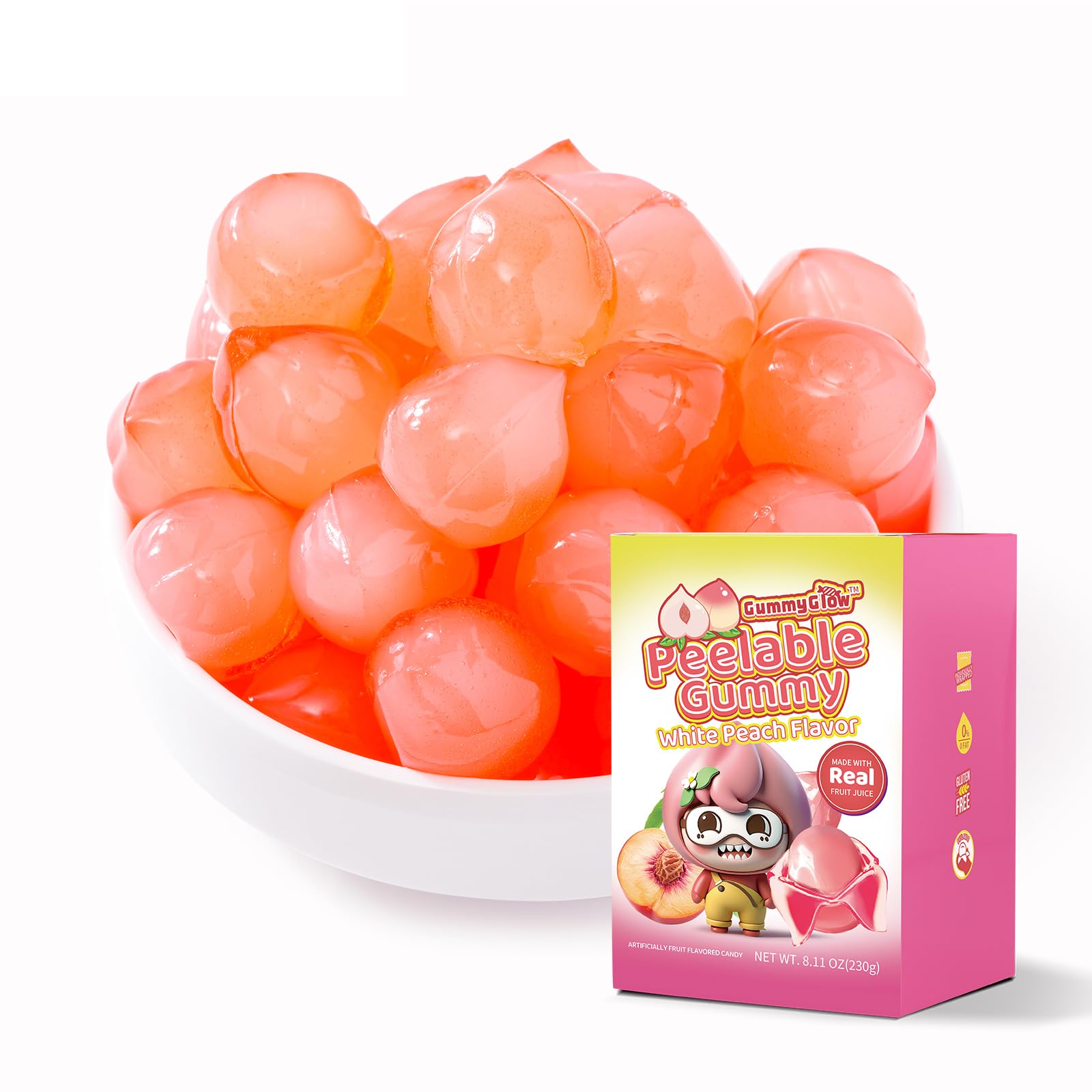 GummyGlow Peelable Fruity Gummy Candy, 8.1oz (230g) Box, 45-55 Individually Wrapped Chewy Candies, Fun to Peel, Perfect for Sharing, Party Favors & Gifts (Peach)