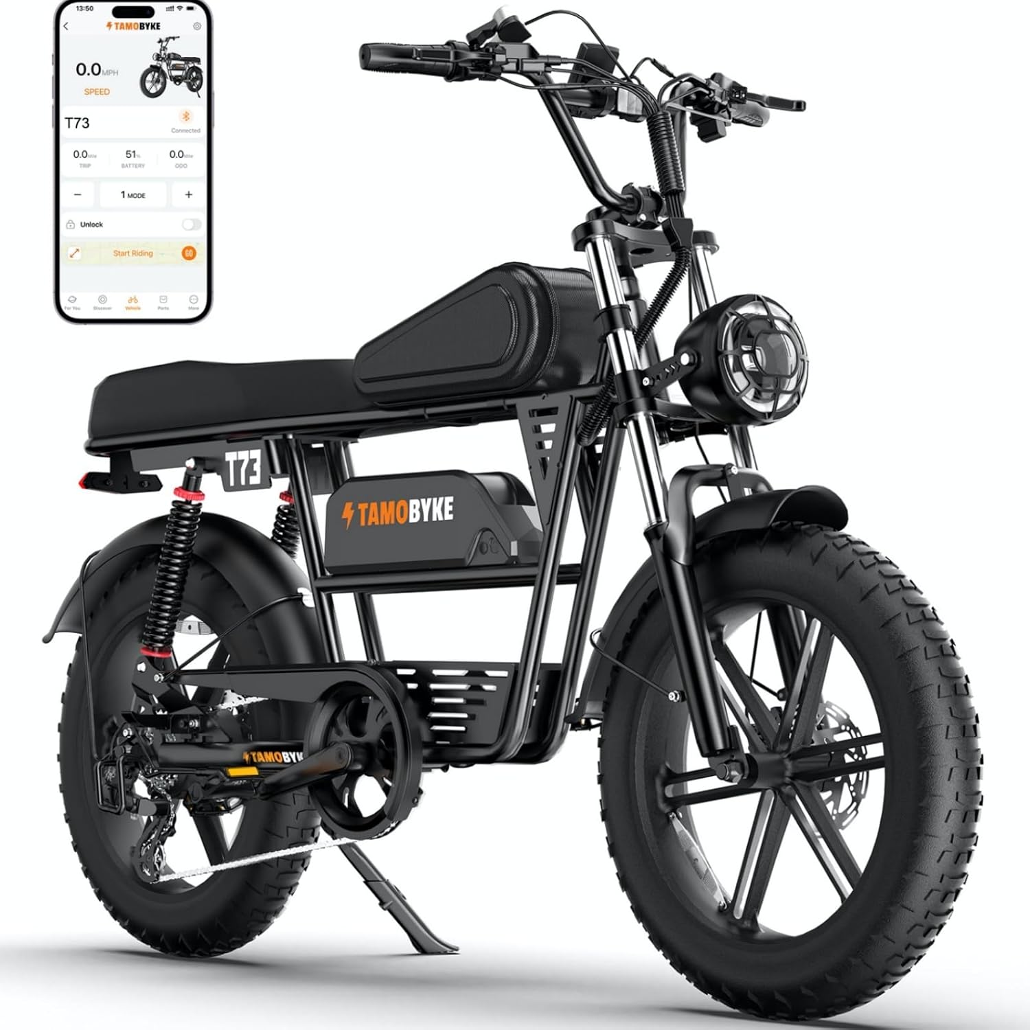 T73 Motorcycle Style Retro Electric Bike,30/33/37.5Mph Max Speed,1000W-1500W Dual Motor,20" x4'' Fat Tire.48V15.6-41.6Ah Large Battery,5-Speed Gear Shift Street-Legal Adults Electric Bike.