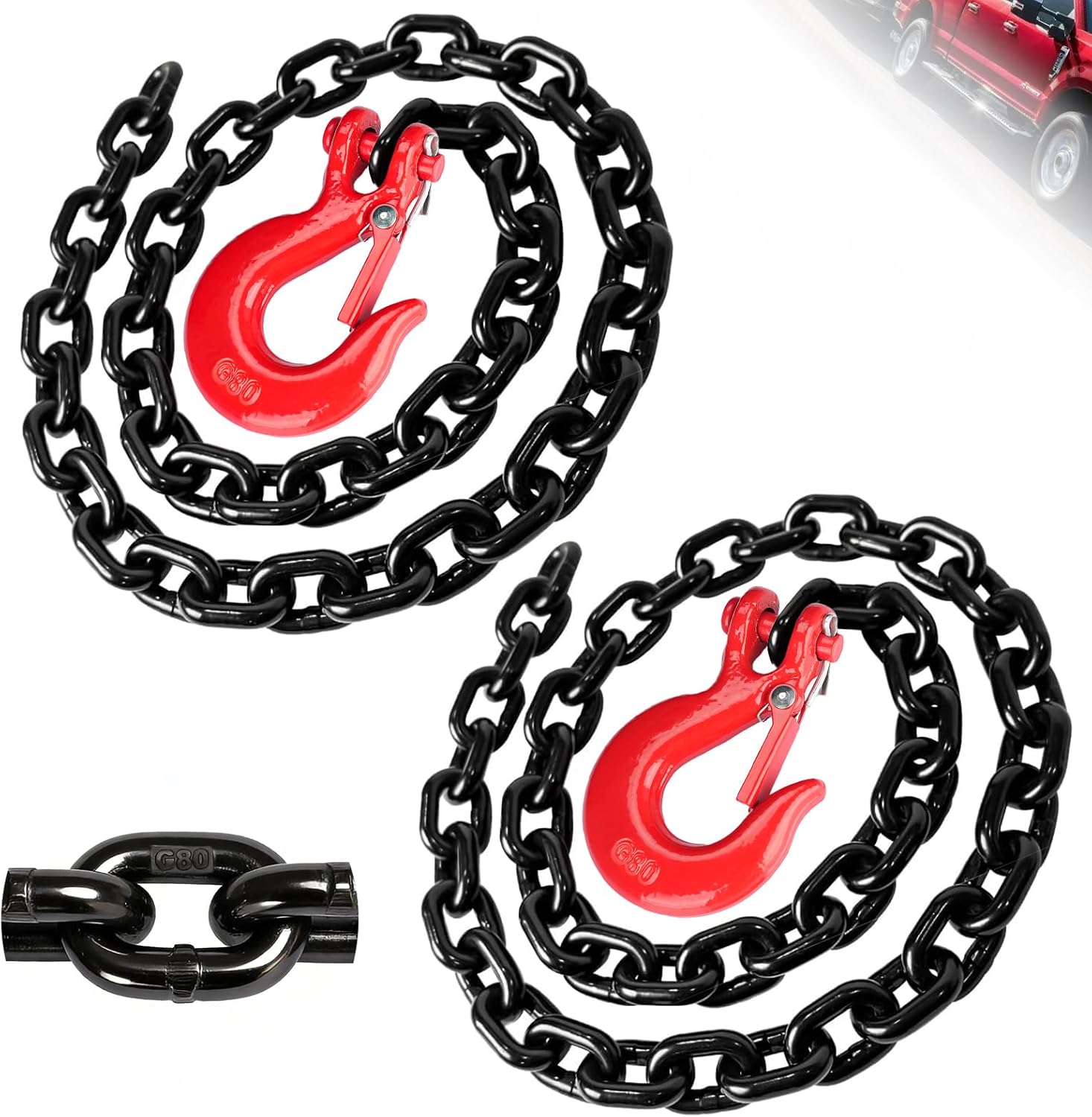 G80 Trailer Safety Chain 39inch, 2 Pack Grade 80 Tow Hooks with 3/8" Clevis Safety Hook, 3/8" Heavy Duty Chain with G80 Clevis Snap Hooks, 7,100 lbs Working Safe Load for Transport Towing