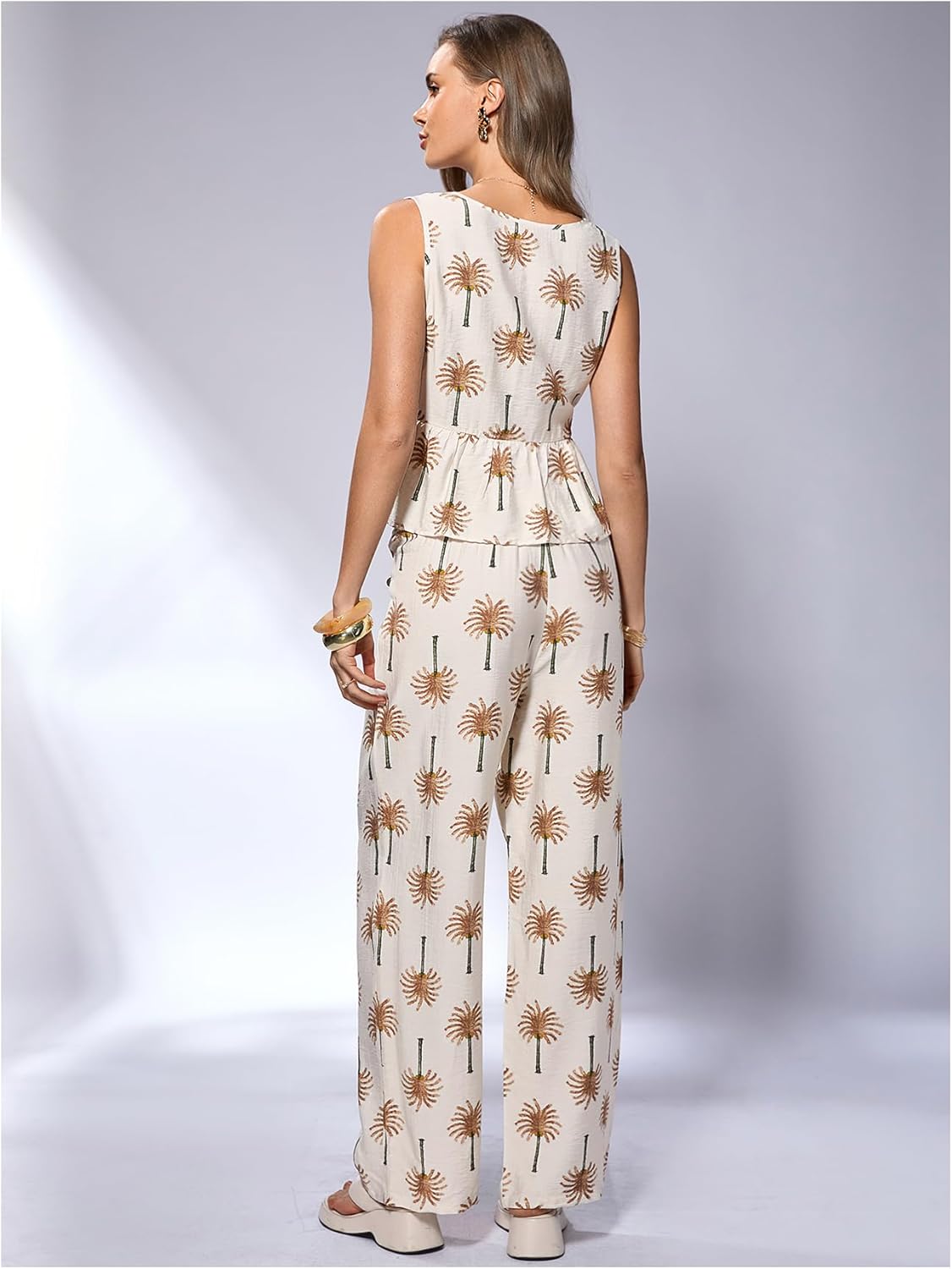 OYOANGLE Women's 2 Piece Outfits Graphic Print Drawstring Tank Top and Straight Leg Pants Set Vacation Wear - Image 5