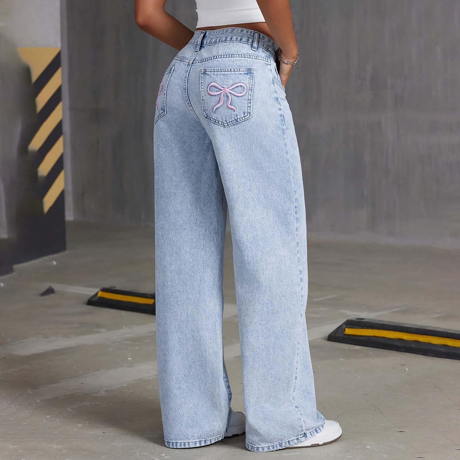 Pantaloni in Denim a Vita Alta Svasati per Ragazze Adolescenti con Tasche Posteriori Ricamate e Lavaggio a Fiocco di Neve, Design a Gamba Larga, Comodi Jeans Elasticizzati, Pantaloni Casual alla Moda