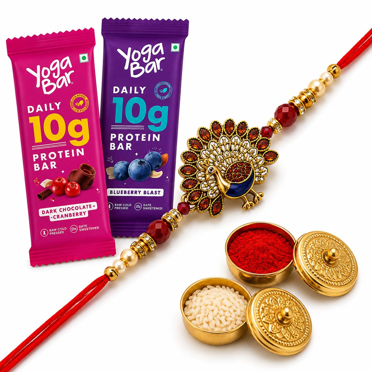Yoga Bar Rakhi Gift Set with Peacock Rakhi & 2 Protein Bars, Roli Tikka | Roli Tikka Included, Dark Chocolate Cranberry, Blueberry Blast Flavour, 10g Protein per Bar, Date Sweetened-image-5