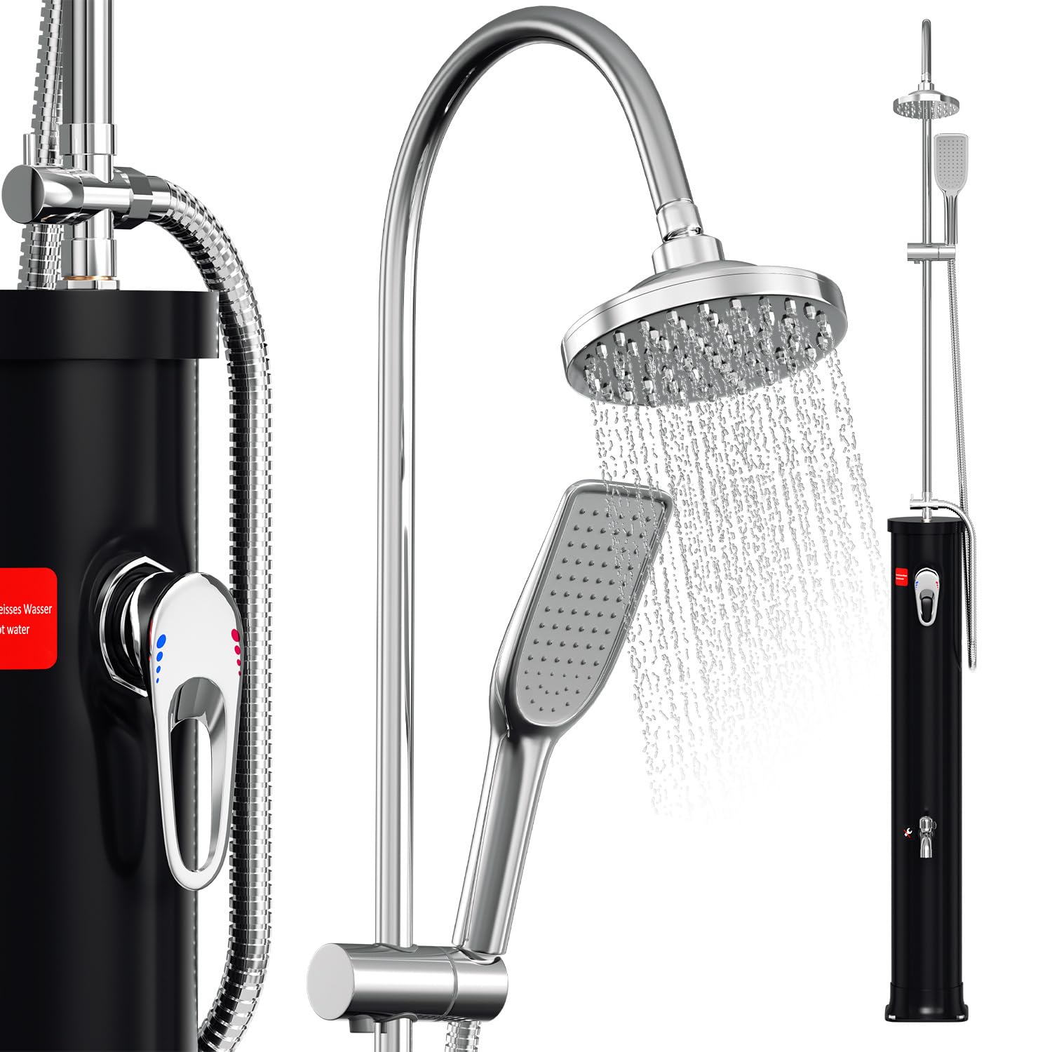 Douche solaire 20 litres – Demi-colonne avec robinet noir – Douchette à main, couvercle de protection et bonde d'eau inclus – Douche de jardin et de camping sans électricité