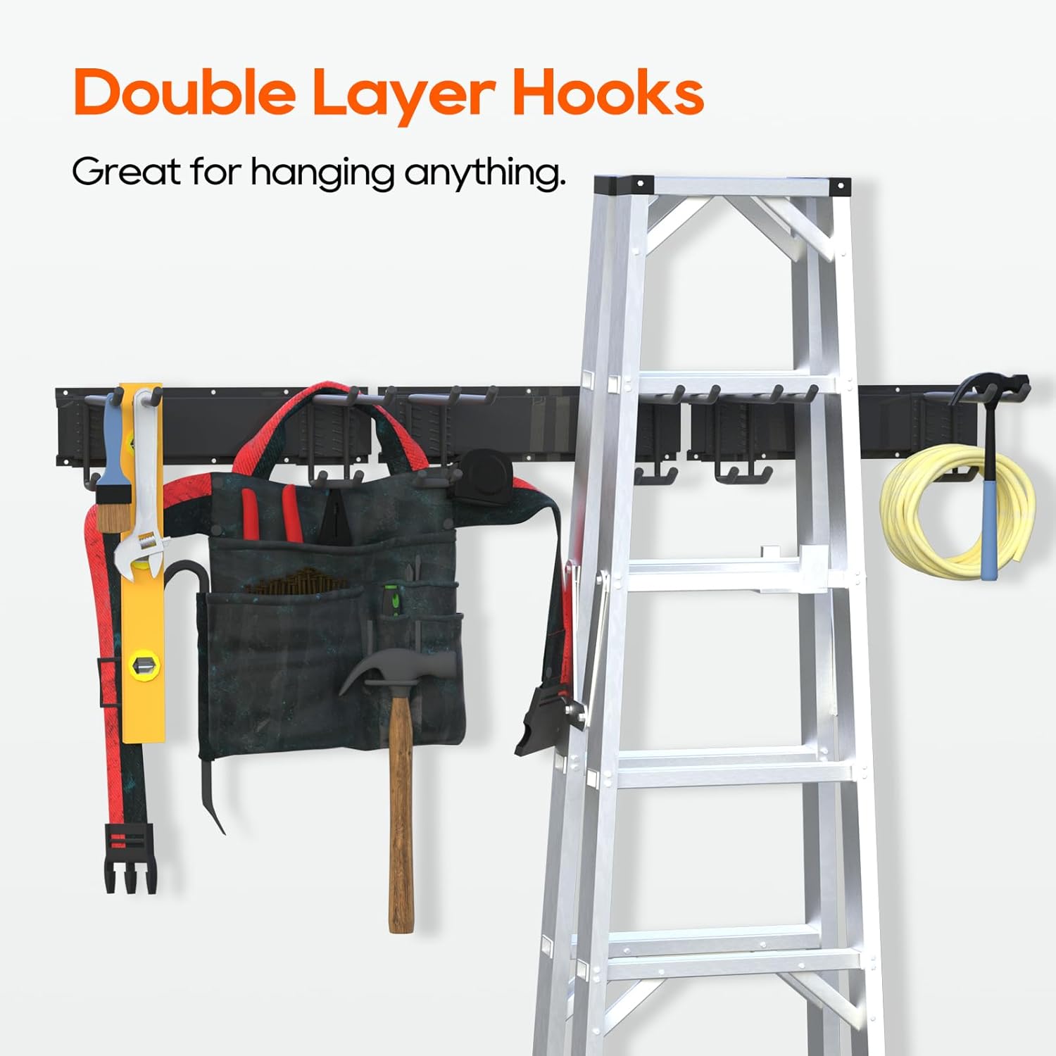 Wall Mount Garage Storage | Garden Tool Organizer | 350 lb Capacity Adjustable Steel Rails with 6 Rubber-Coated Hangers | Rustproof Carbon Steel Storage Rack for Garage, Shed & Outdoor Tools