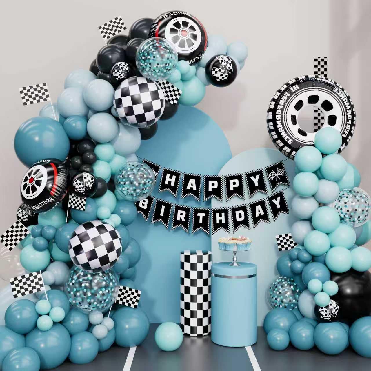 Race Car Balloon Arch Kit – Blue Race Car Party Decorations with Banner, Checkered Flags, Tire & Checkered Foil Balloons for 2nd Birthday, Racing Theme, or Race Car Birthday Party Decorations