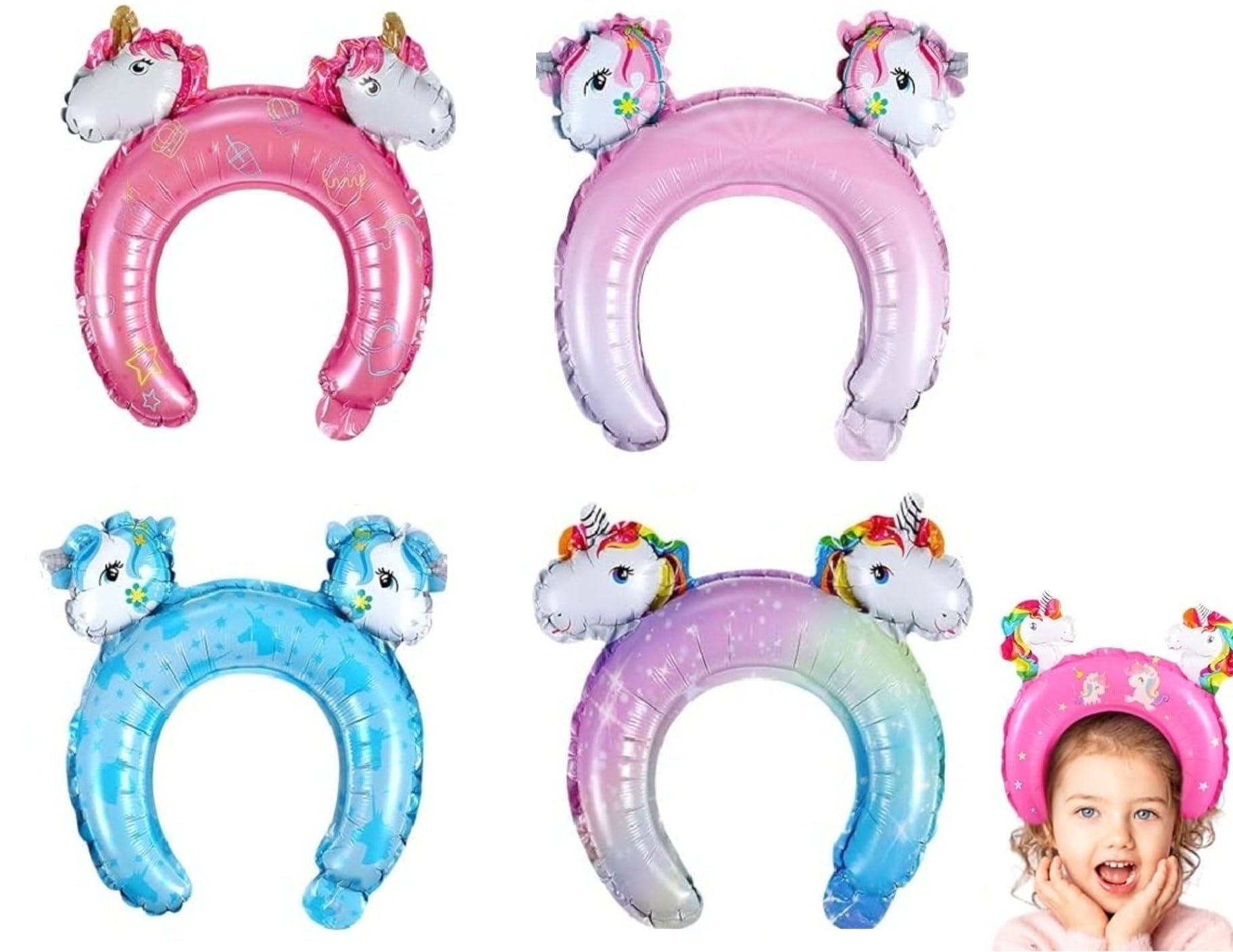 AMFIN (Pack of 4) Unicorn Shaped Head Hoops Foil Balloons for Theme Party Decoration - Multi