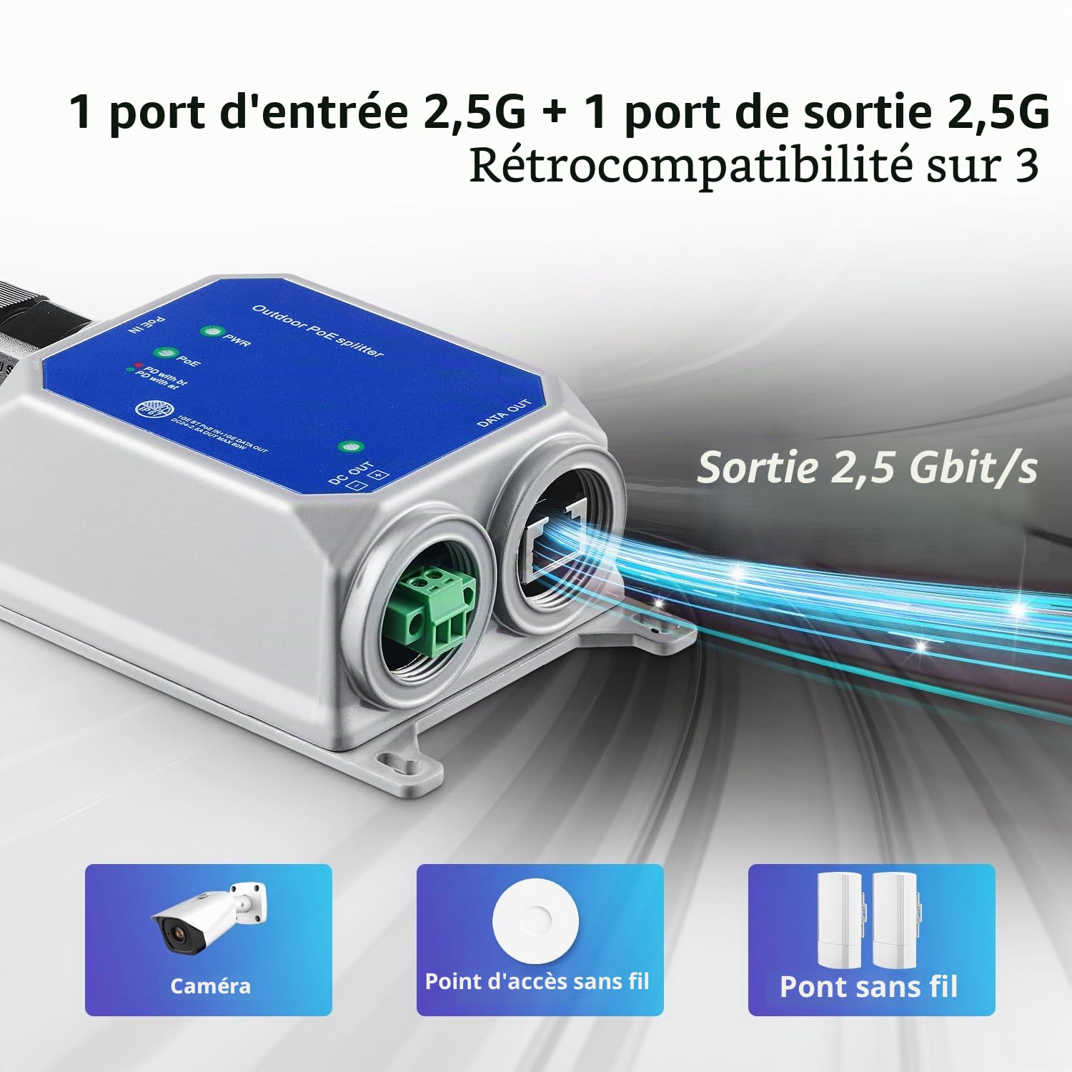 MokerLink IP67 Outdoor 2.5 Gigabit PoE Splitter, 10/100/1000/2500Mbps, IEEE 802.3 AF/at/BT PoE in, DC12V 5A Out, Max 65W, Wandmontage Metall Wasserdicht
