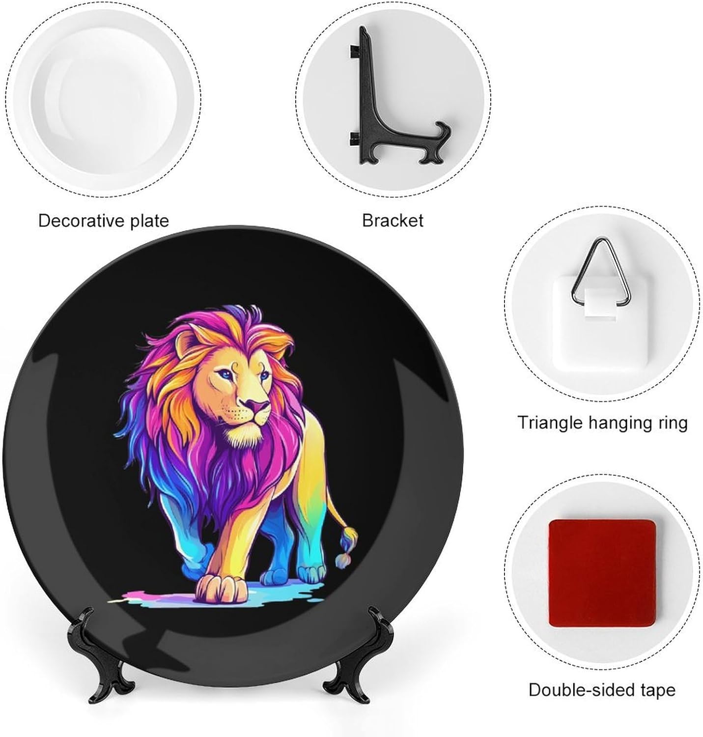 Colorful Wild Lion Bone China Decorative Plate with Stand Home Dessert Plates Gift for Men Women 7inch
