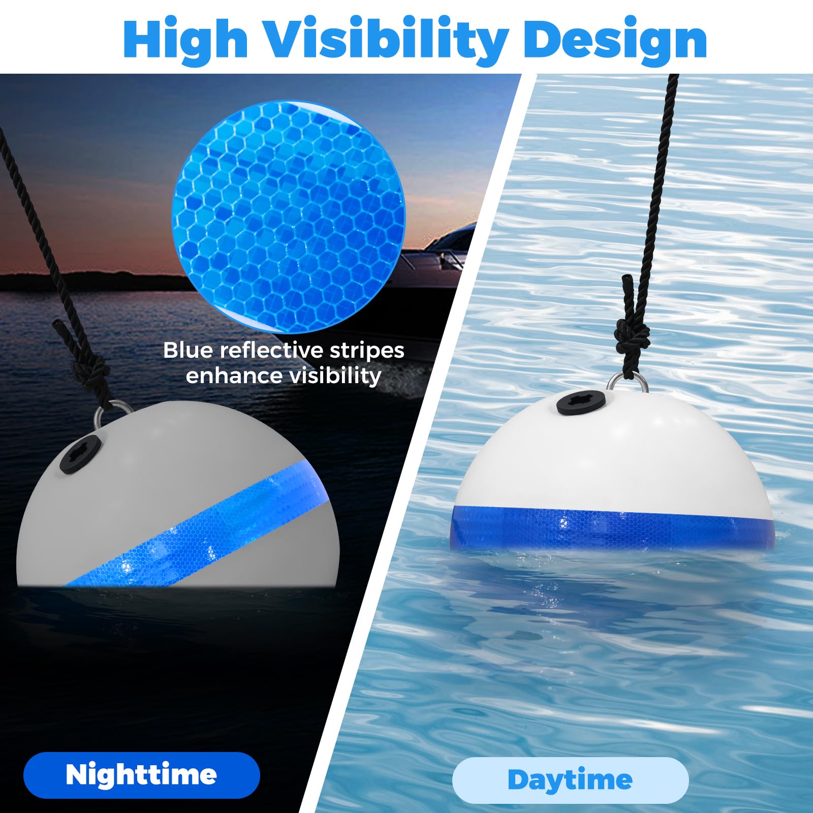 Boa di ormeggio da 30,5 cm per barca con striscia blu riflettente bianca boa galleggiante galleggiante attraente boa illuminata per ormeggio barche