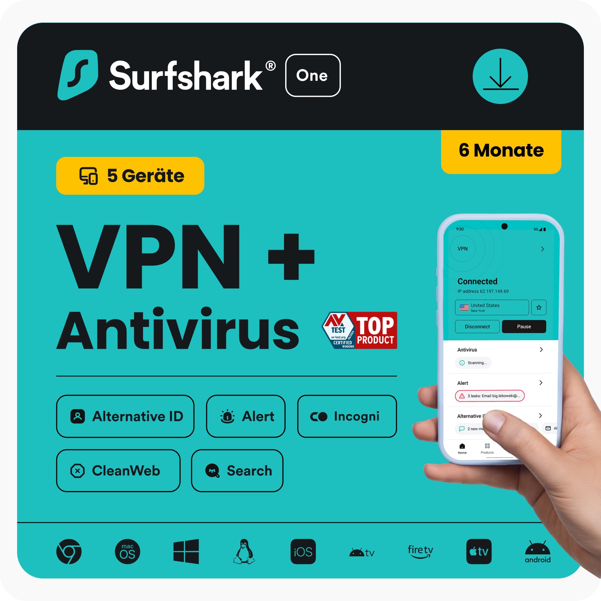 Surfshark One, VPN, Antivirus, 6 Monate, Digitaler Code