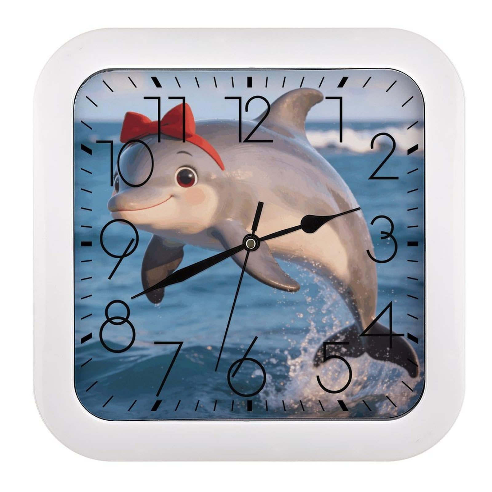 Fodpand Style Cute Dolphin Gift Wall Clock,Battery Operated Modern Retro Rounded Square Clock Clock For Bedroom Living Room Office Home Gym Porch Decor Indoor Outdoor 10.2 * 10.2In