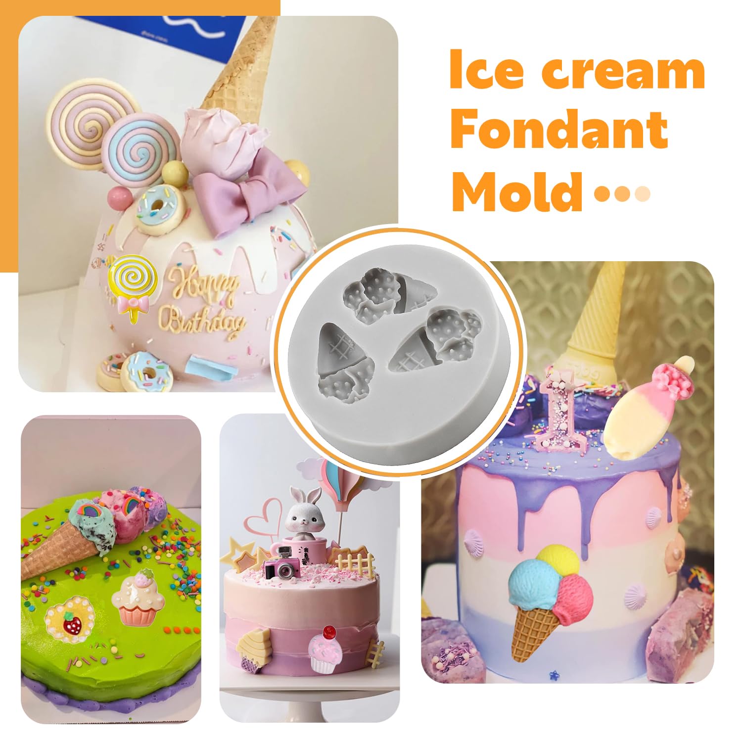 Sijiangmold Moldes de silicona con forma de cono de helado, para fondant, piruletas, caramelos, decoración de pasteles, chocolate, caramelos, arcilla polimérica, pasta de goma, juego de 7