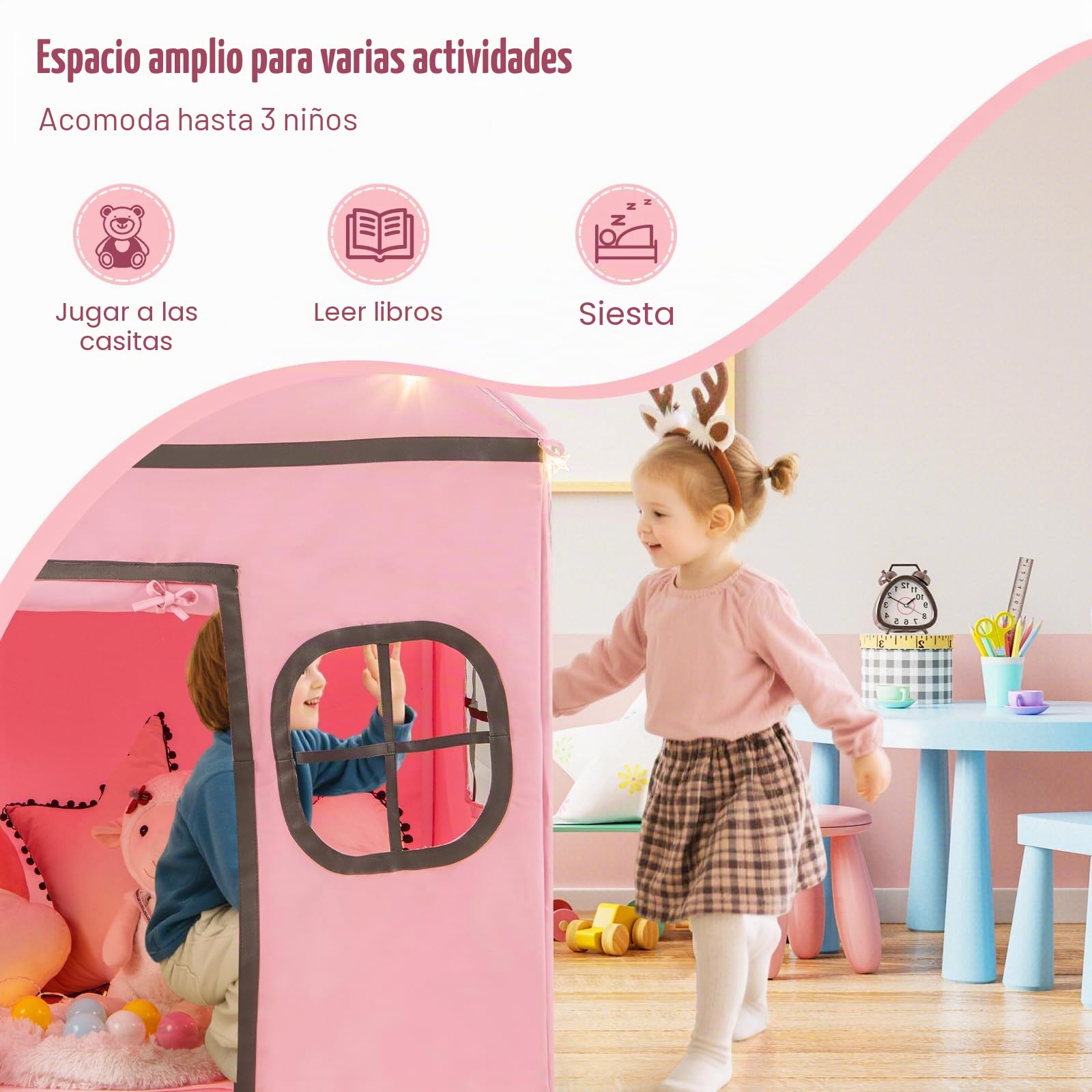 HOMASIS Tienda de Campaña Infantil con Luces de Estrellas y Alfombra Acolchada, Tipi para Niños con 4 Ventanas y Cortina 3+ Años (Rosa + Gris)