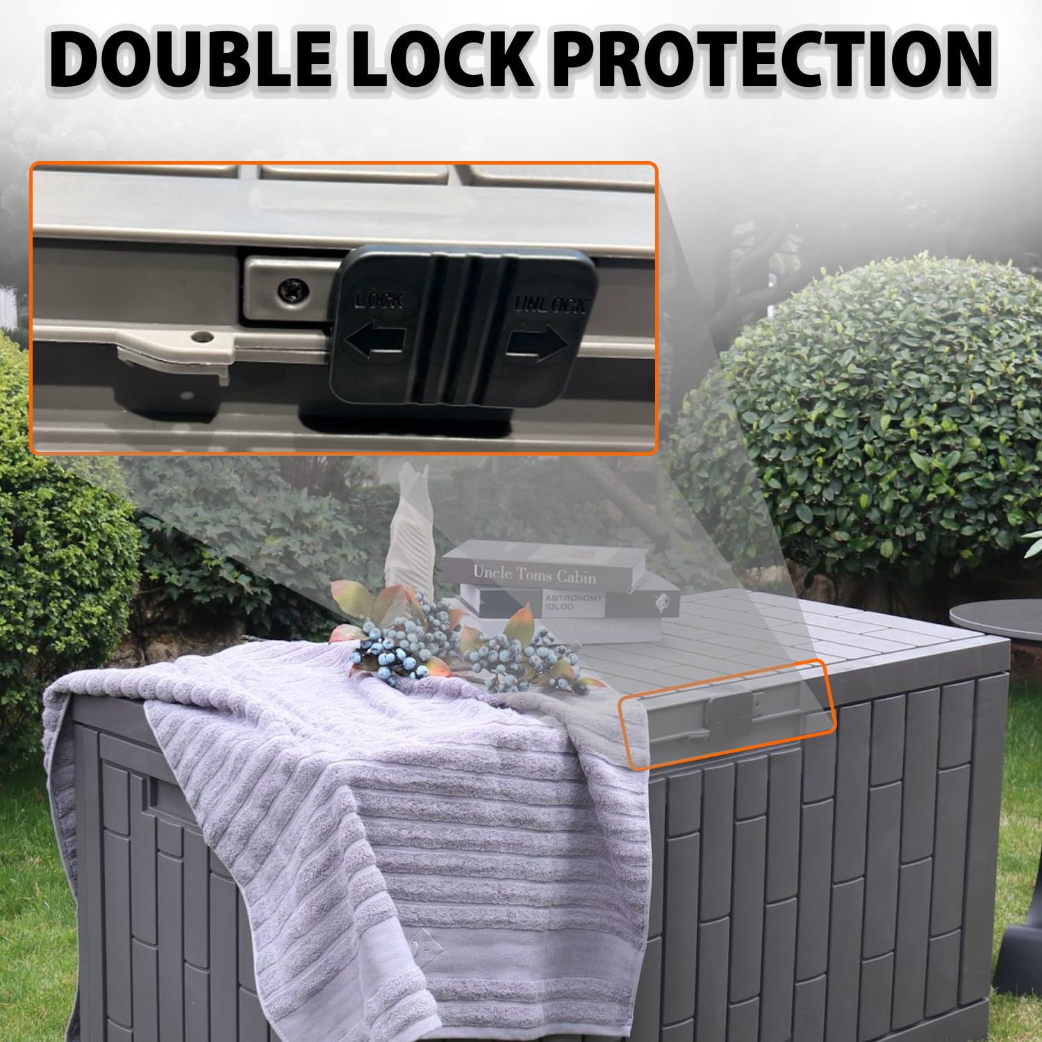 Contenitore portaoggetti da esterno con blocco di sicurezza, organizer per attrezzi in resina resistente, supporto antiscivolo, installazione rapida per giardino e patio, salvaspazio multifunzionale